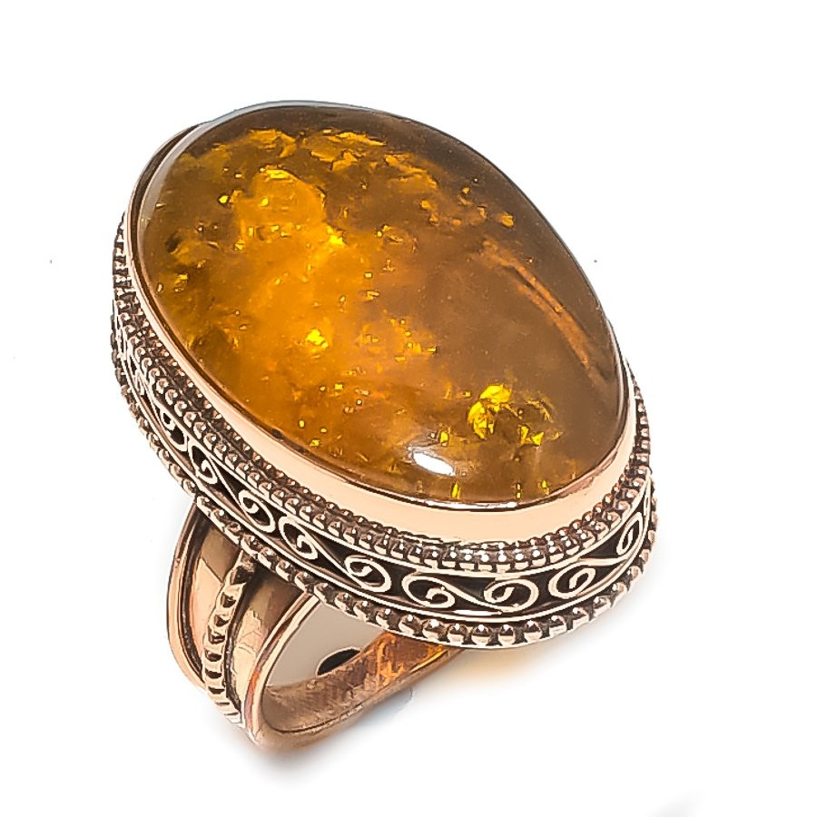 Natural Baltic Amber Gemstone Handmade Copper Jewelry Ring Size 8 Love Gift U877