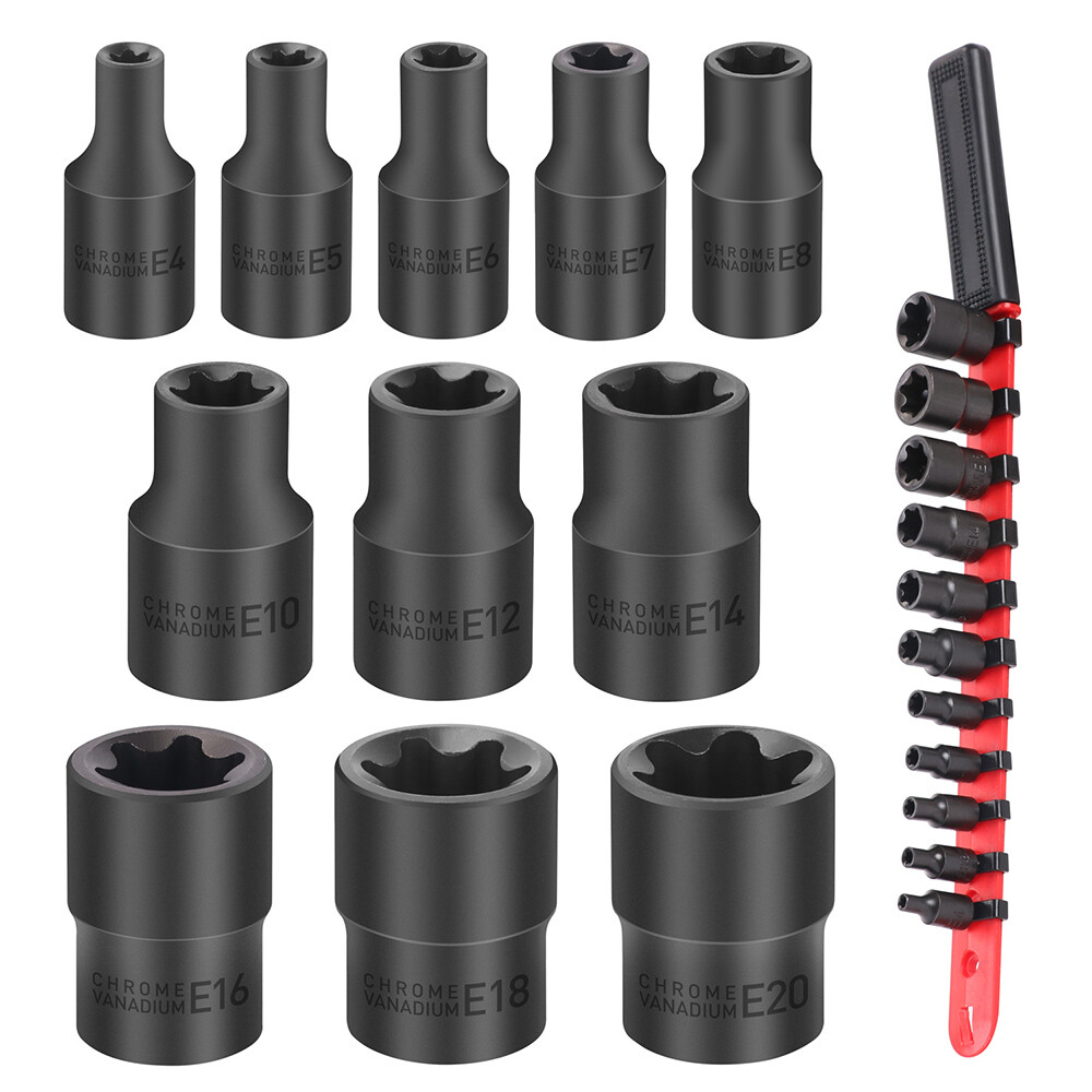 11PC Female E-TORX Star Socket Set External E4-E20 Torque 3/8" 1/4" Dr. & Rail