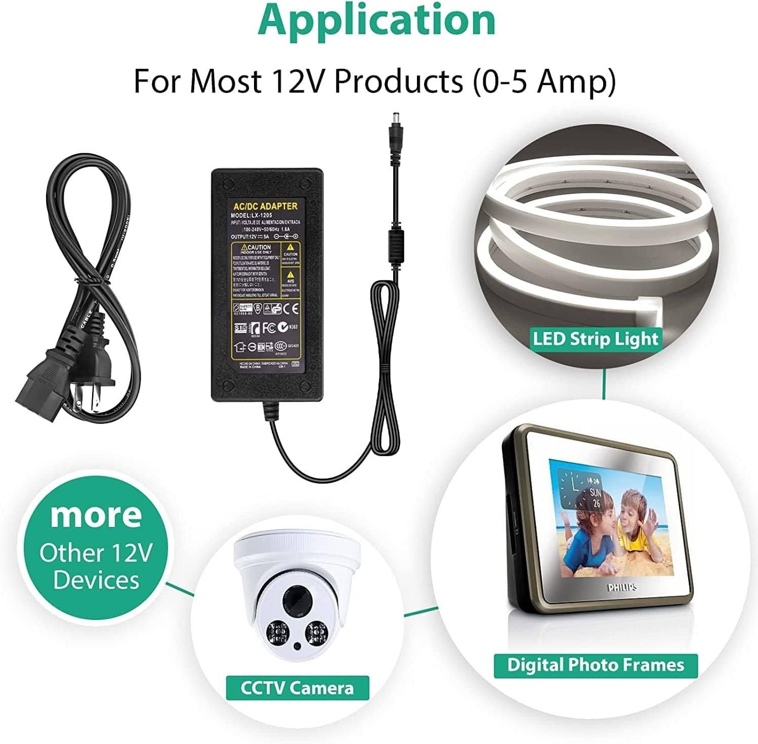 12V 5A Power Supply, Adapter, 120V AC to DC Transformer with Output Jack for ...