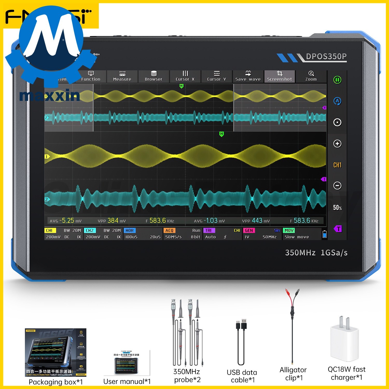 FNIRSI DPOS350P 4-in-1 Digital Oscilloscope Signal Generator Spectrum Frequency
