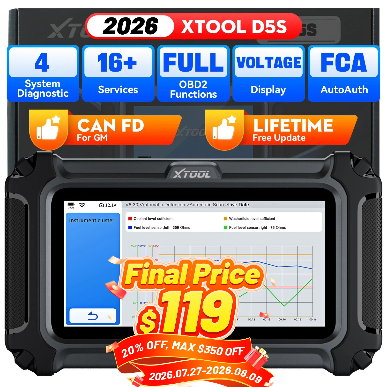XTOOL D5S OBD2 Scanner Engine ABS SRS Code Reader Diagnostic Scan Tool CAN FD