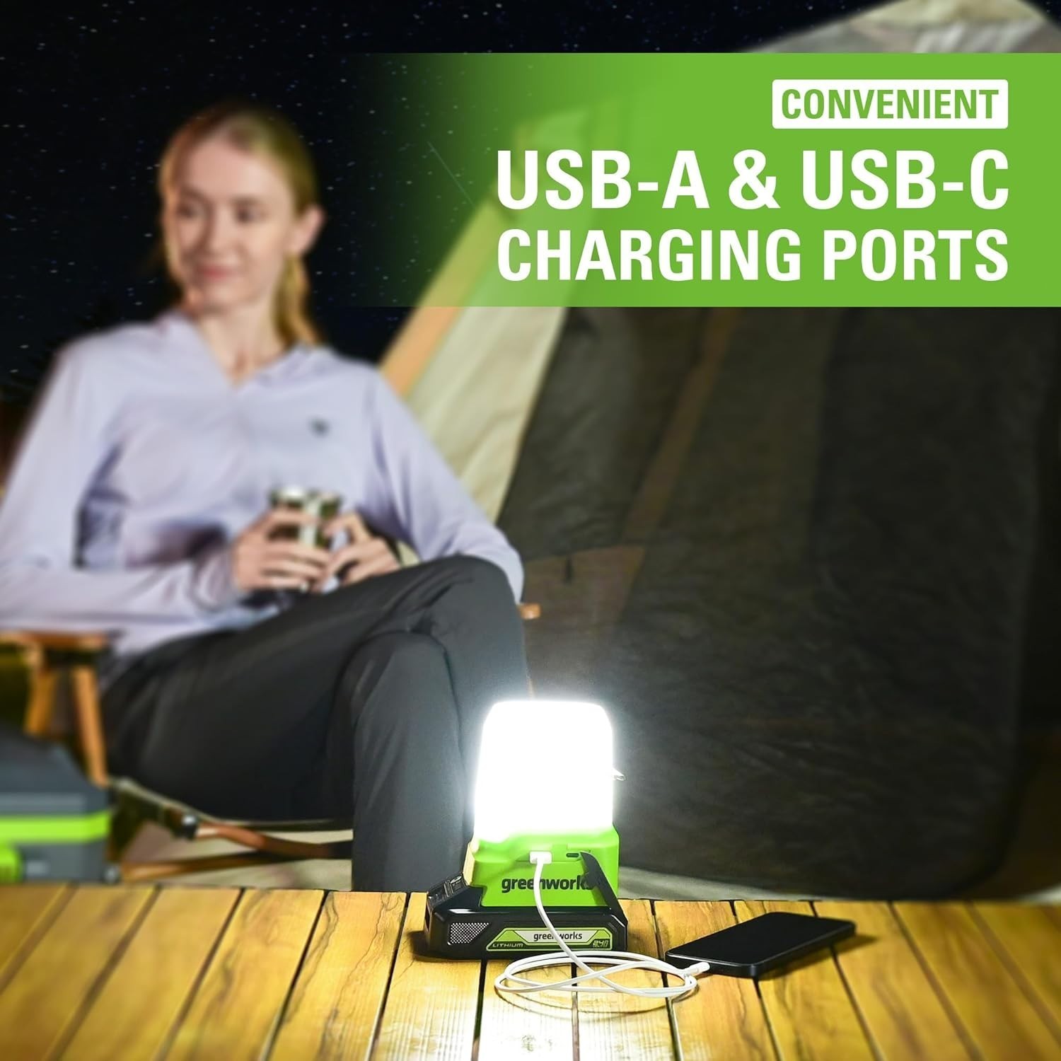 Greenworks 24V Lantern 500 Lumens Camping Light with 2Ah Battery and 2A Charger