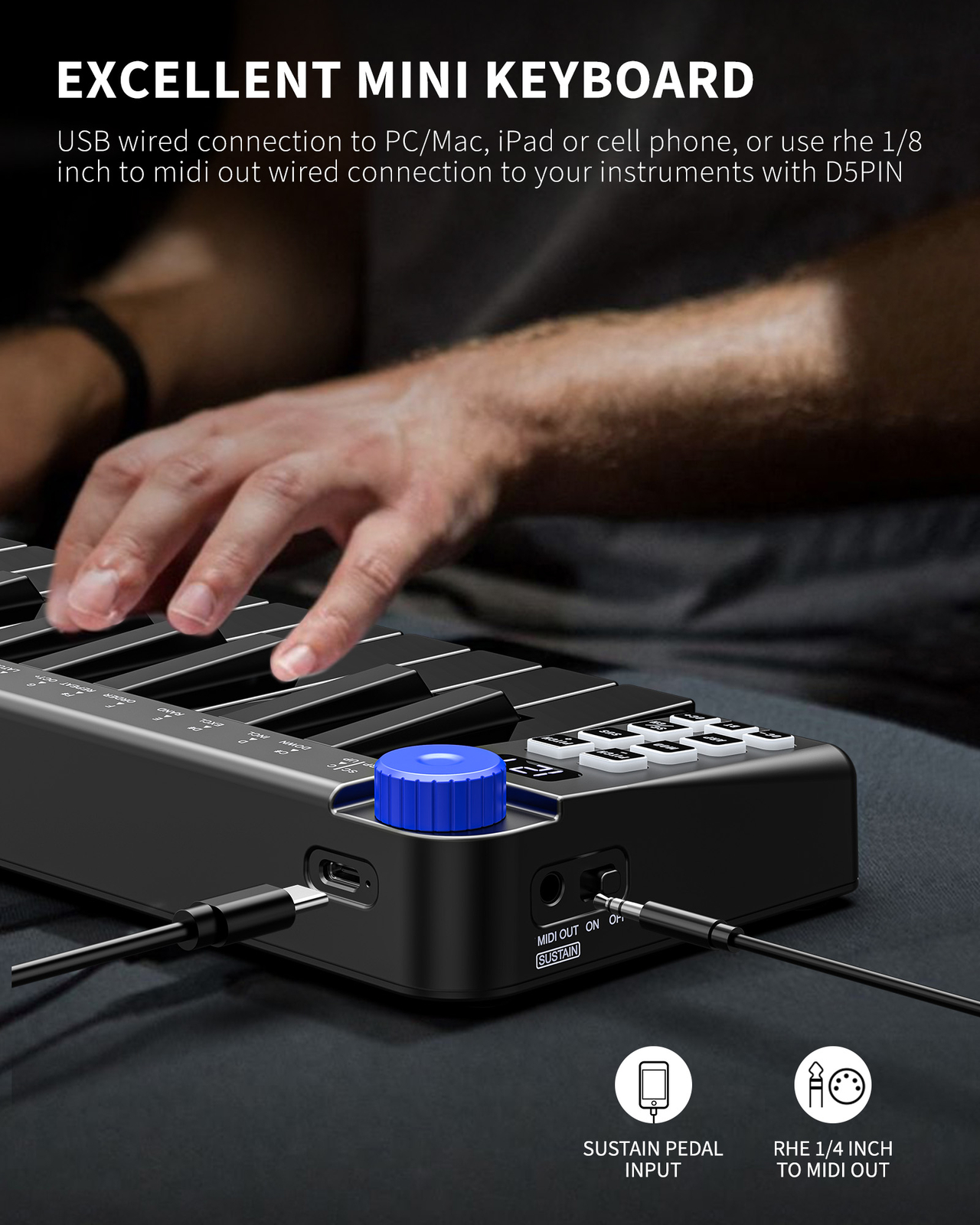 LEKATO 25 Key MIDI Controller Bluetooth MIDI Keyboard 360 Knob Rechargeable