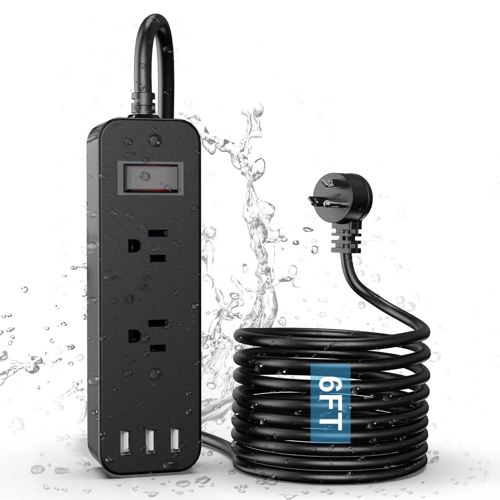 Outdoor Waterproof Power Strip with 2 Outlets 3 USB Ports, 6FT Flat Black