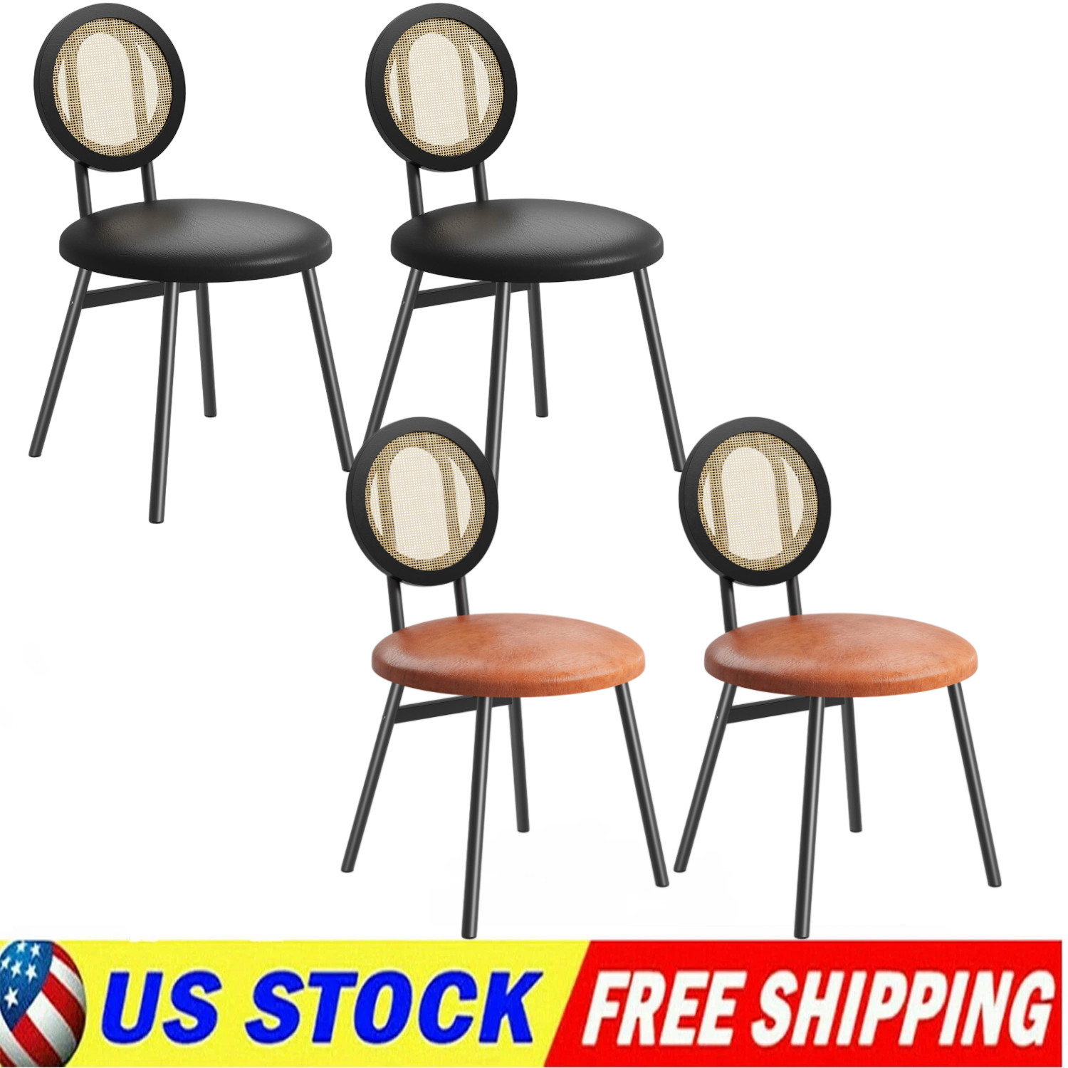 Set of 2 4 Dining Chairs Upholstered Rattan Kitchen Dining Room Chairs Metal Leg