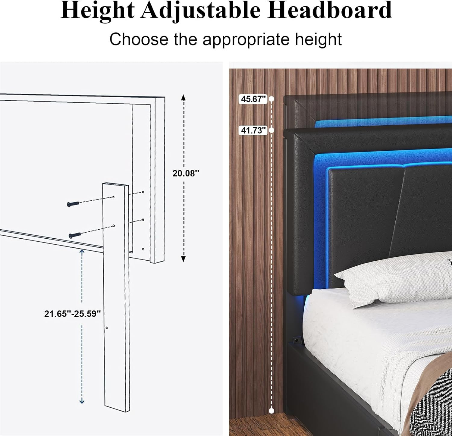 Queen Size Bed Frame with 4 Storage Drawers and LED Light, Upholstered Platform