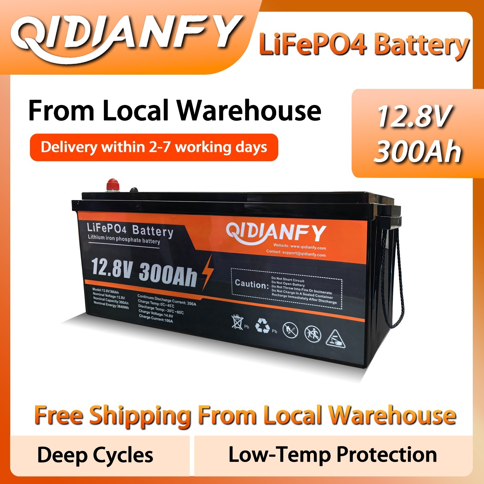 Qidianfy 12V 300Ah LiFePO4 Lithium Battery Deep Cycle 200A BMS For RV Off-grid
