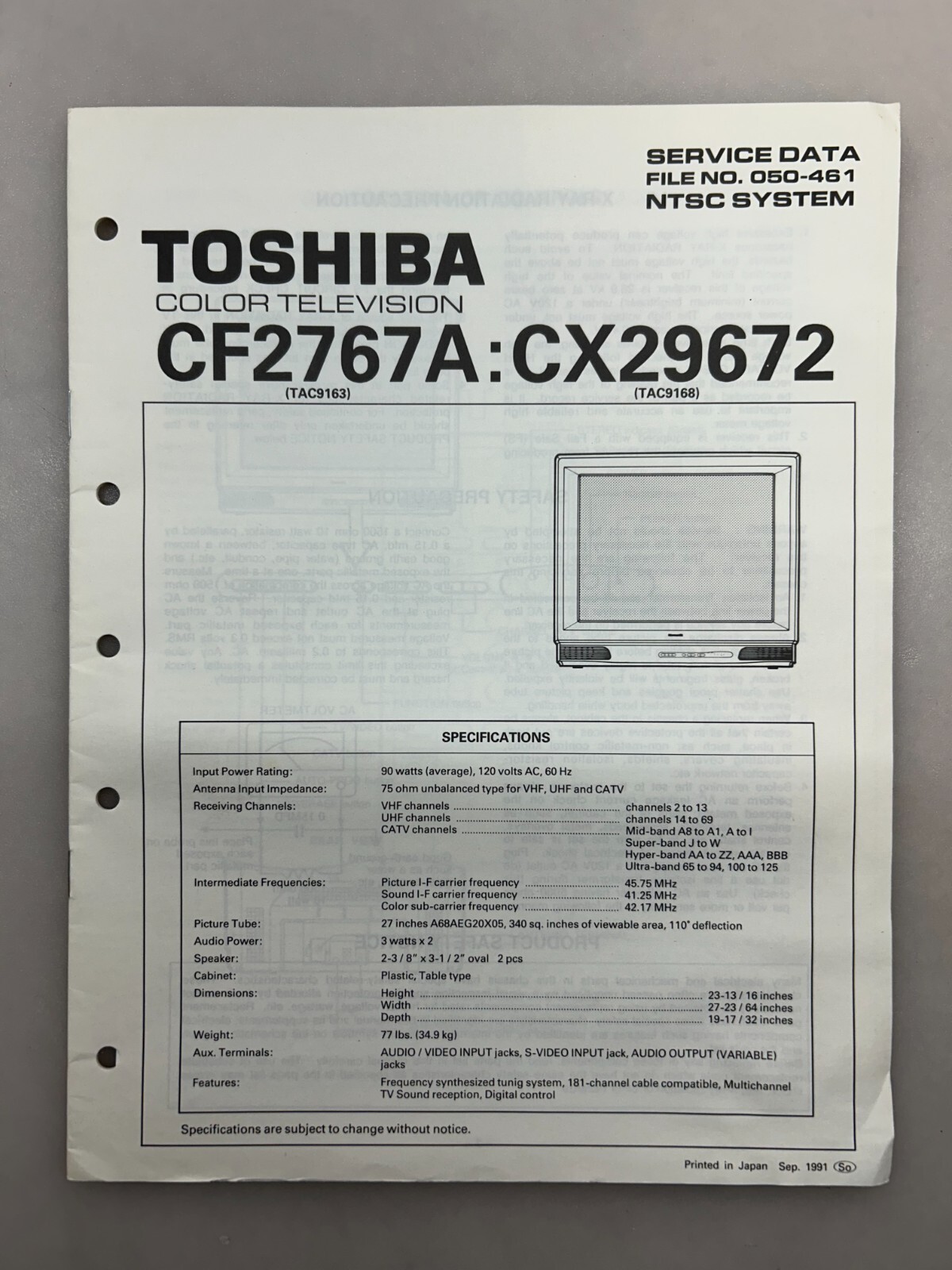 Toshiba CF2767A CX29672 Original Service Manual Free Shipping