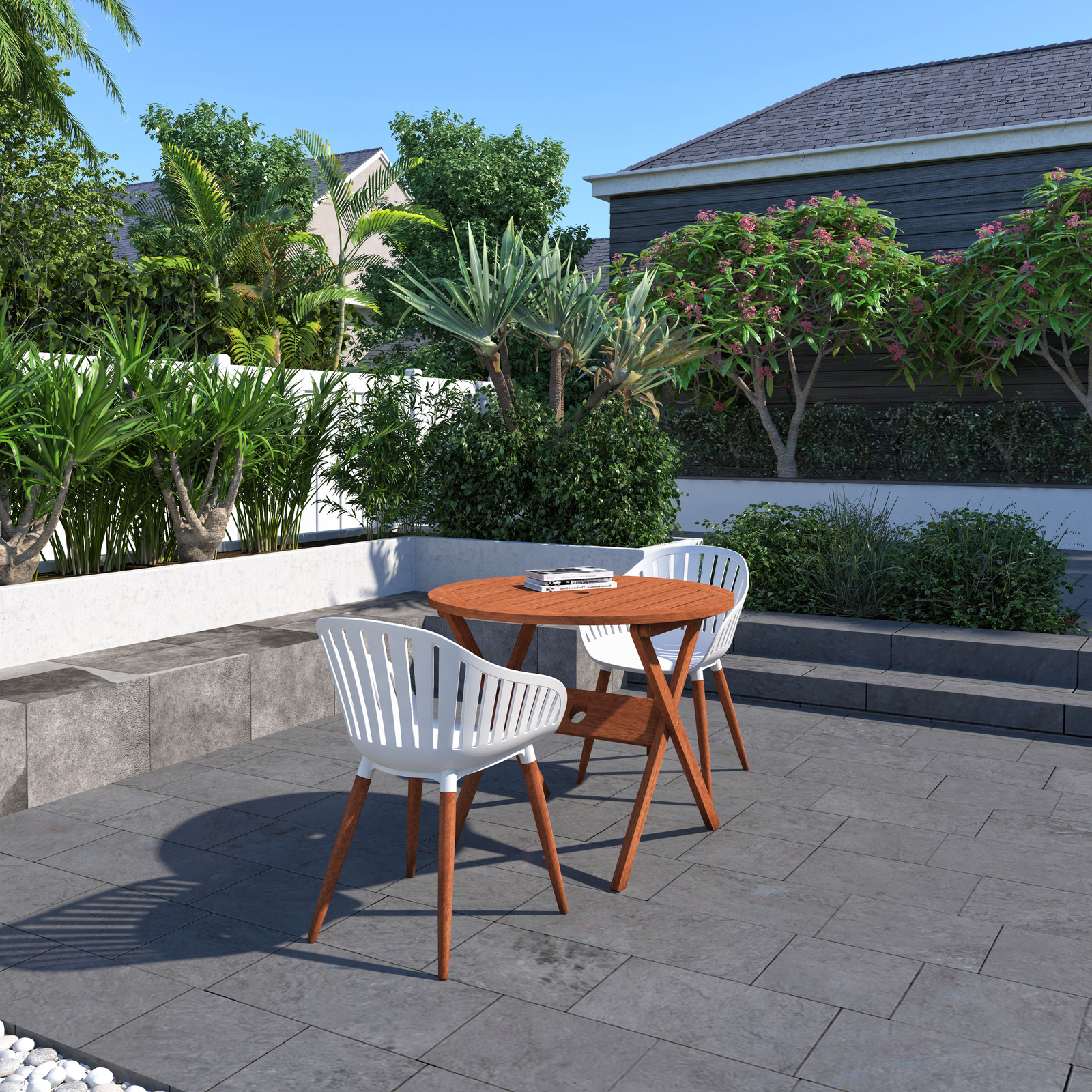 Amazonia Durbuy 3-Piece Outdoor Dining Set | Eucalyptus | White Chairs