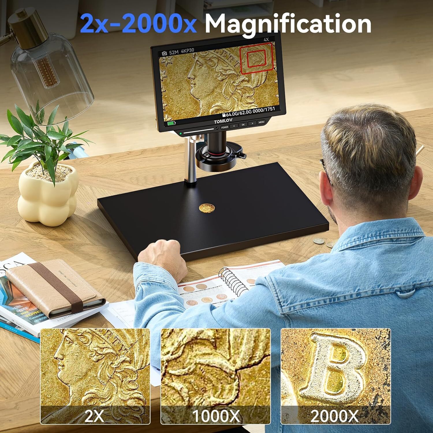 TOMLOV 10" 4K Digital Microscope 2000X USB Magnifier Coin Microscope