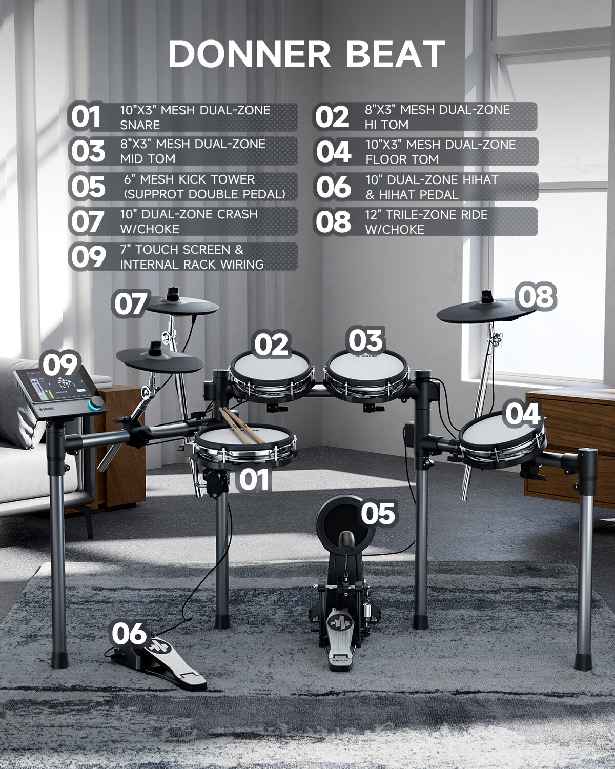 Donner Beat Bluetooth Electric Drum Kit Touch Screen Module 12" Cymbals w/Choke