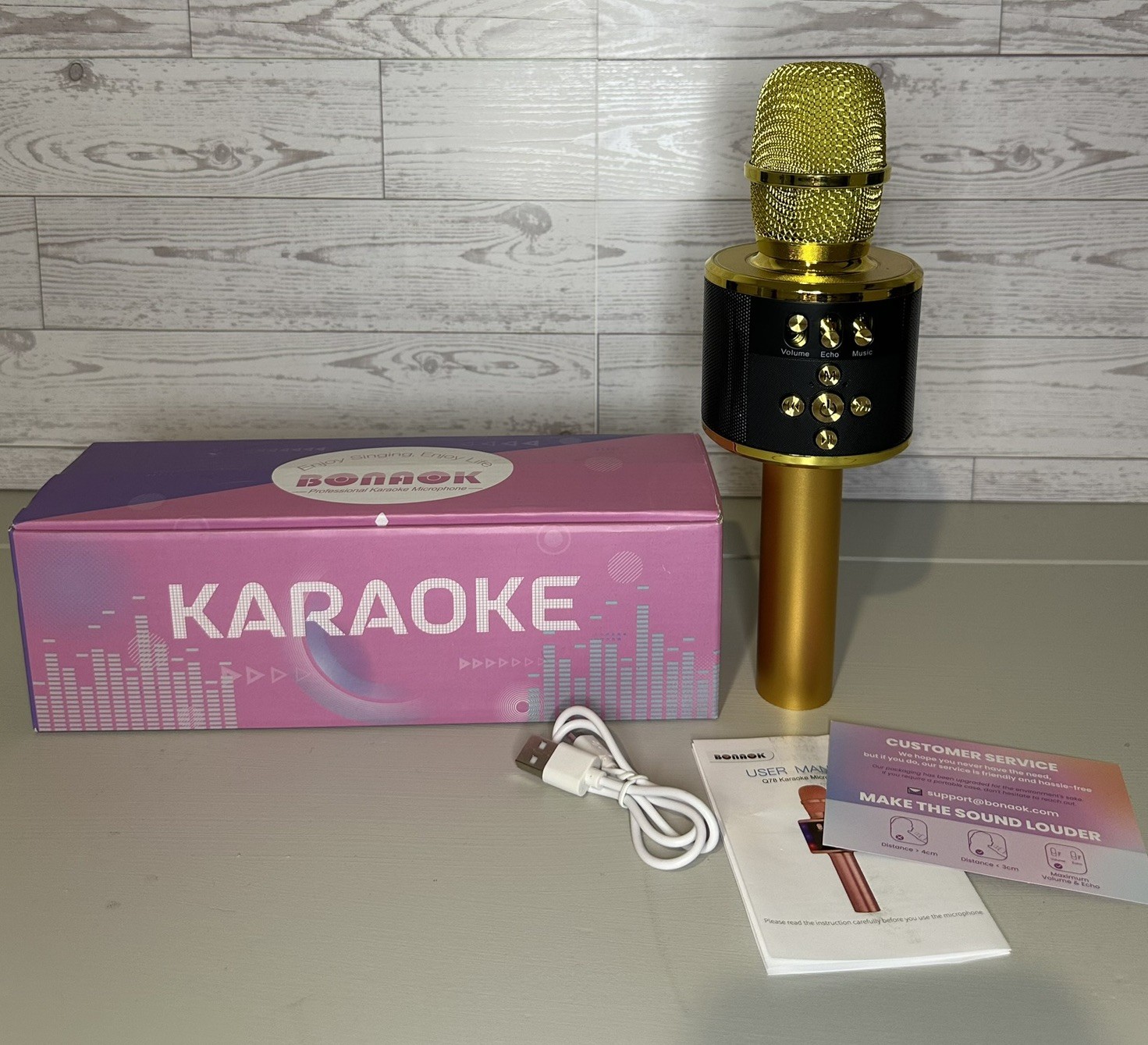 Bonaok Wireless Bluetooth Karaoke Microphone w/LED, Gold