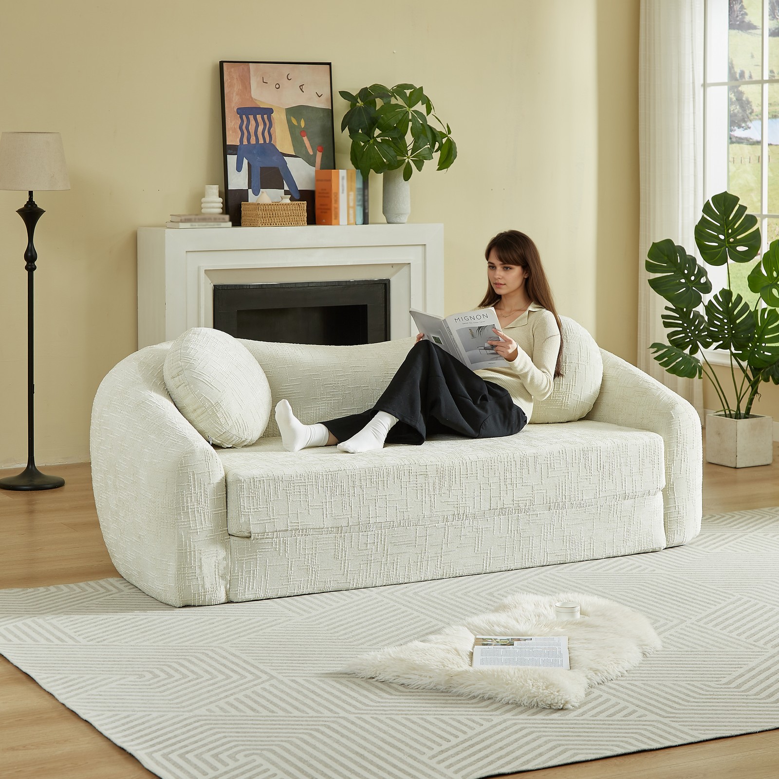 Curved Convertible Sofa Bed 2-in-1 Recliner, Chenille Foldable No Assembly Beige
