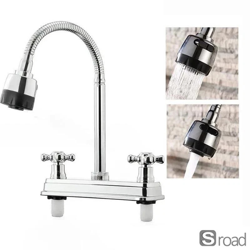 Dual Handle Kitchen Faucet 360° Swivel Spout 2 Spray Modes Deck Mounted