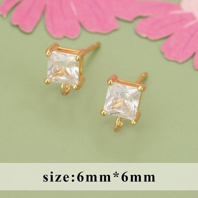 1Pair 18K Gold Plated Cubic Zirconia Square Stud Earrings Component GCR502-Gold