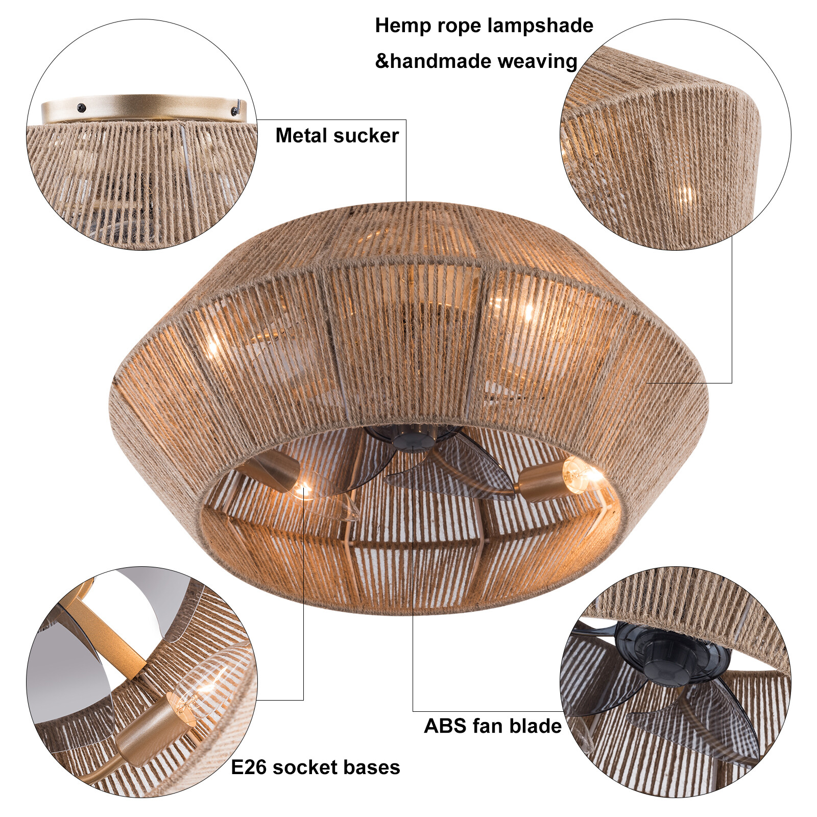Boho Ceiling Fan Rattan Caged Flush Mount Fan Light +Remote Control Ceiling Fan