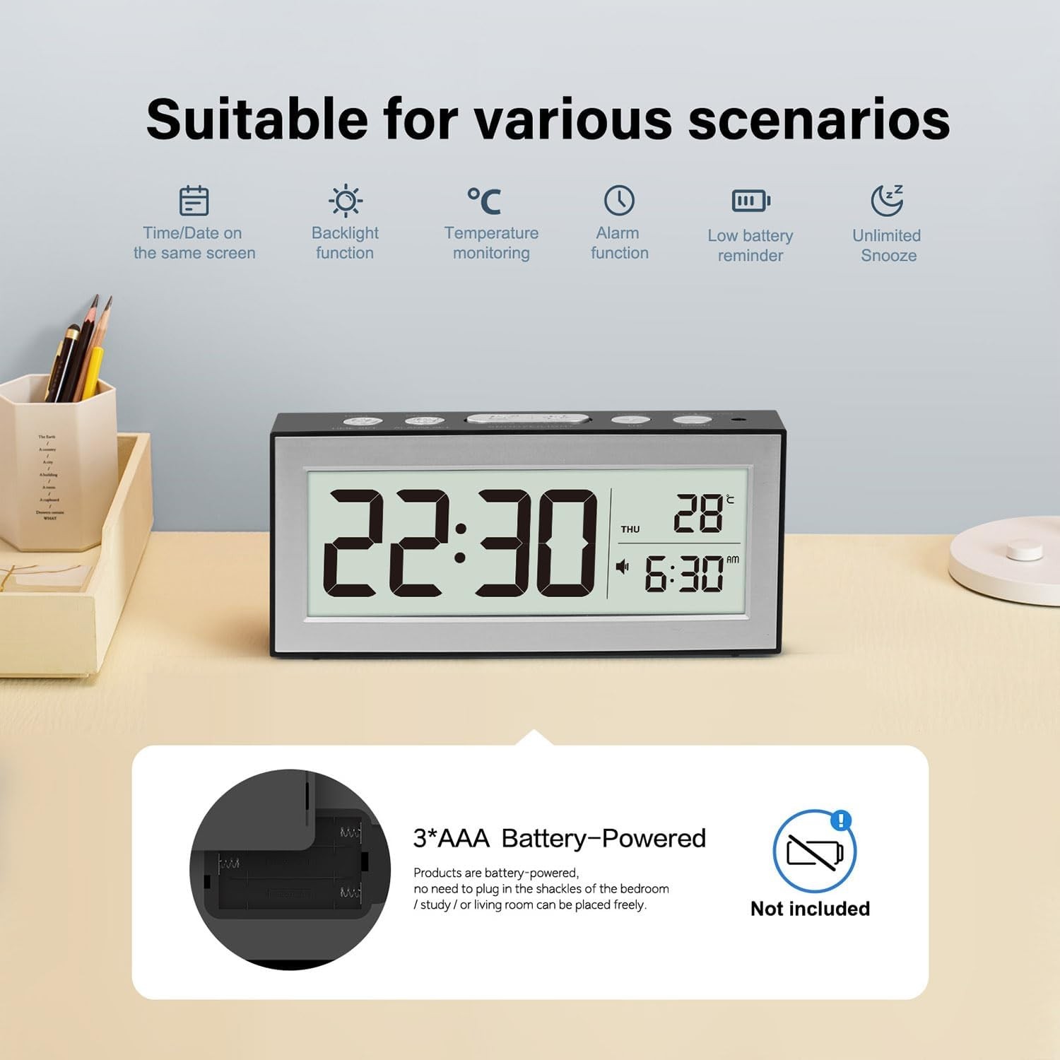 Digital Alarm Clock with LED Display, Bedside Battery Black