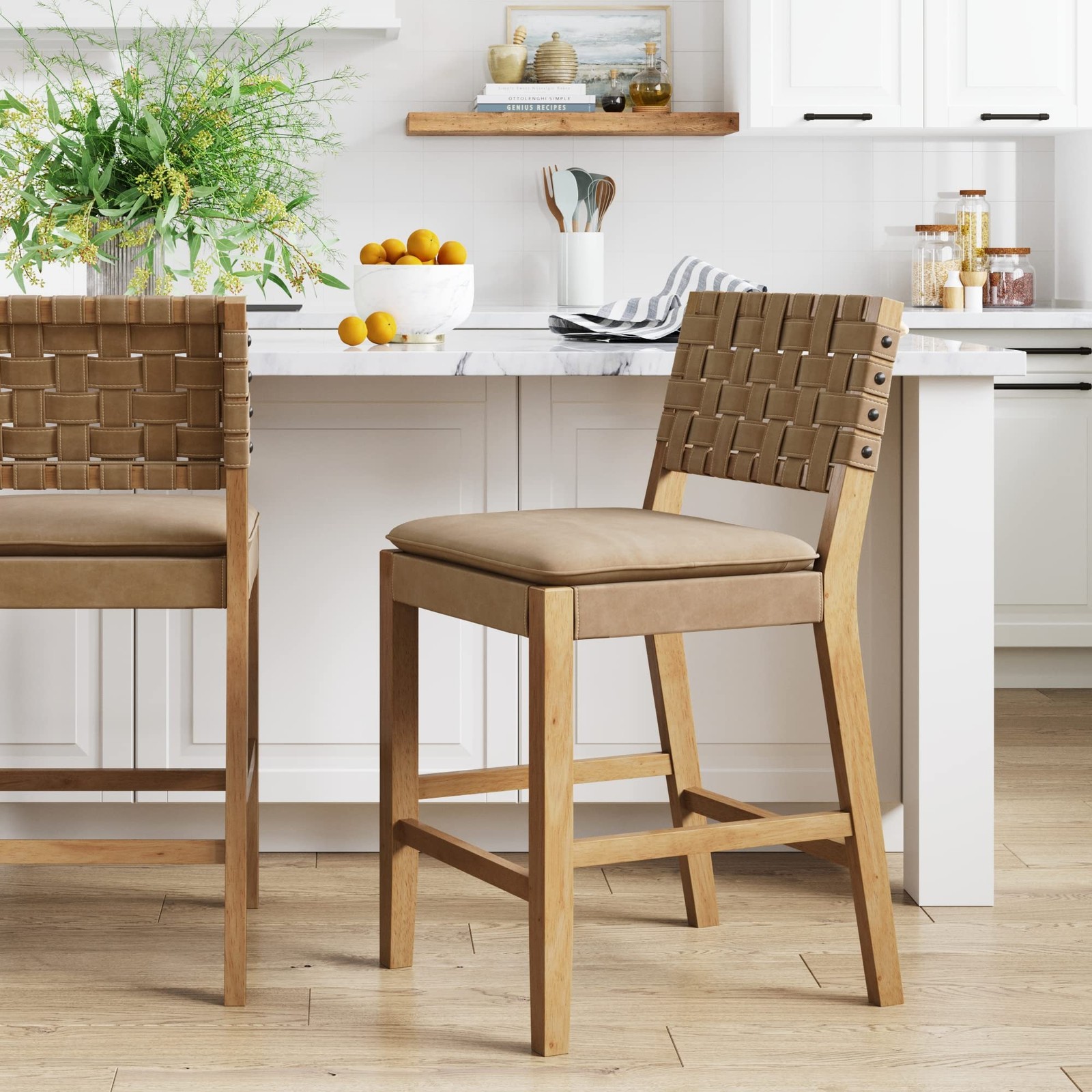 Cohen Mid-Century Modern Leather Bar Stool, Counter Height Chair in Solid Woo...