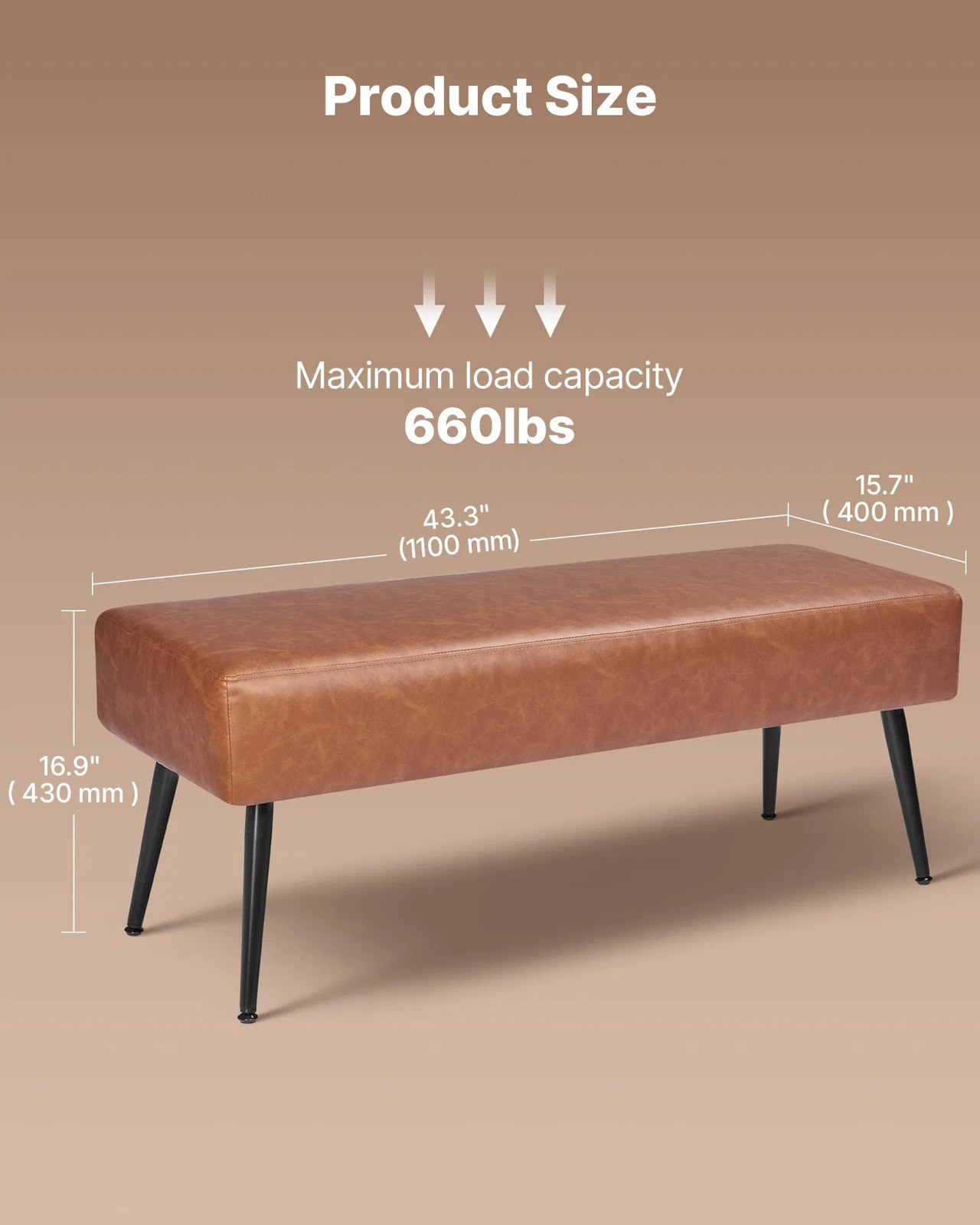 Leather Bedroom Bench, PU Leather Bench with Metal Legs and with Stitching for E