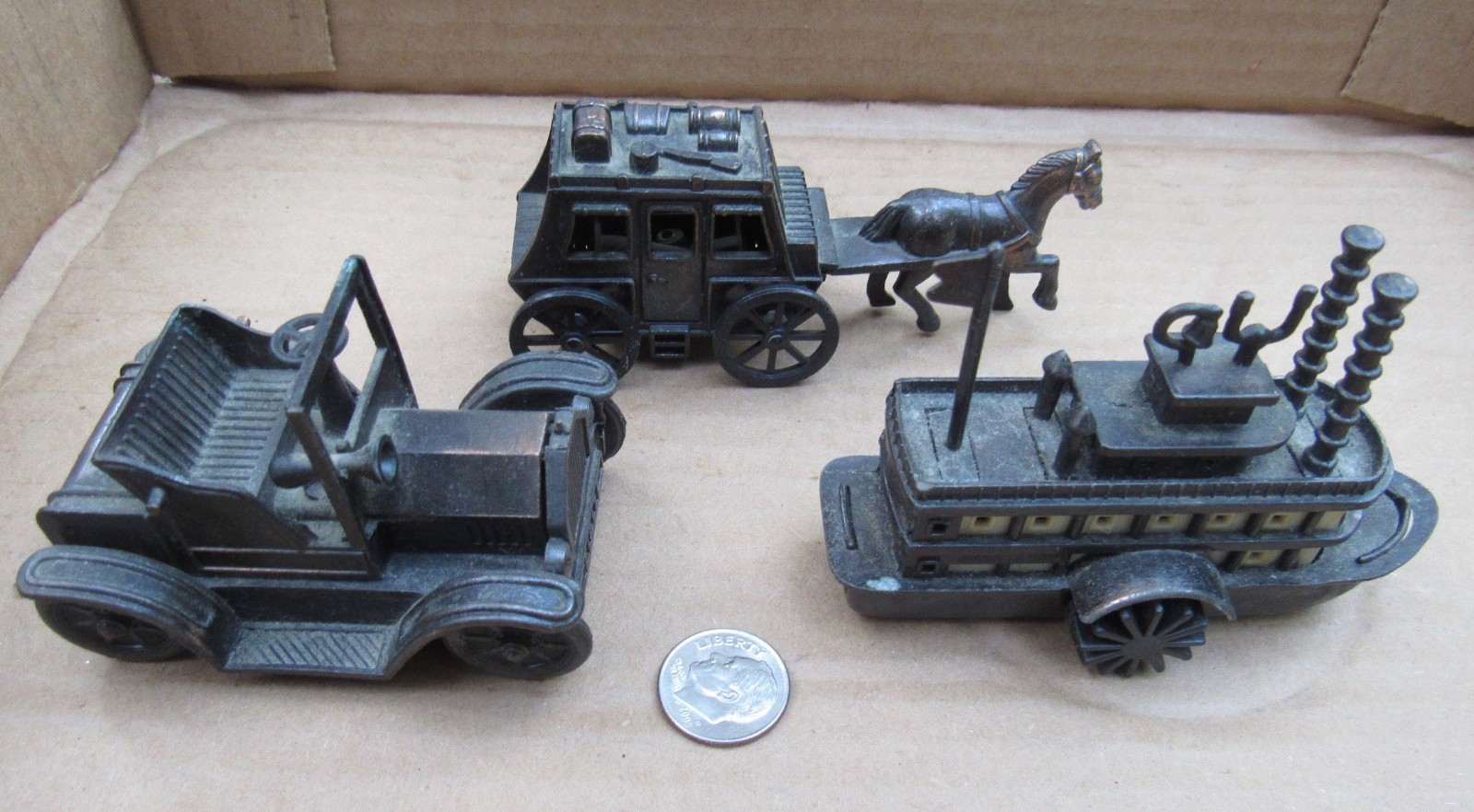 Lot 3 diff DURHAM IND Pencil Sharpeners 1970s Metal Figurines CAR BOAT RARE VG+