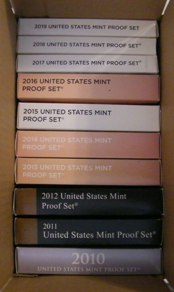 2010 2019 NO COINS(10) TEN PROOF SET REPLACEMENT BOXES AND COA's "NO COINS