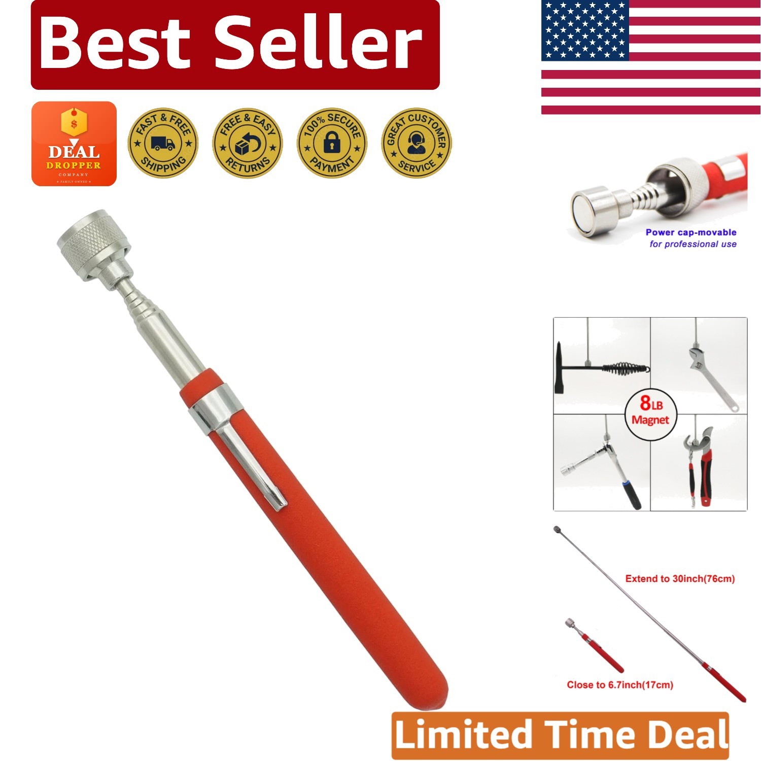 30-Inch Extendable Magnetic Pickup Tool - 8LB Pull Capacity for Tight Spaces