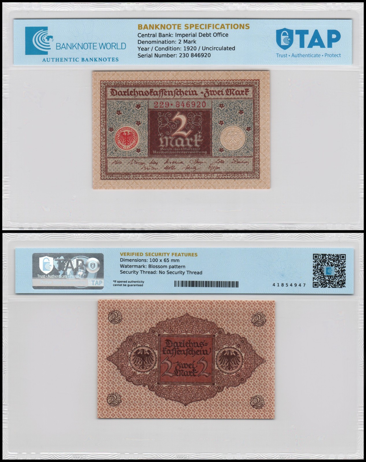 Germany 2 Mark, 1920, P-60, UNC, TAP Authenticated