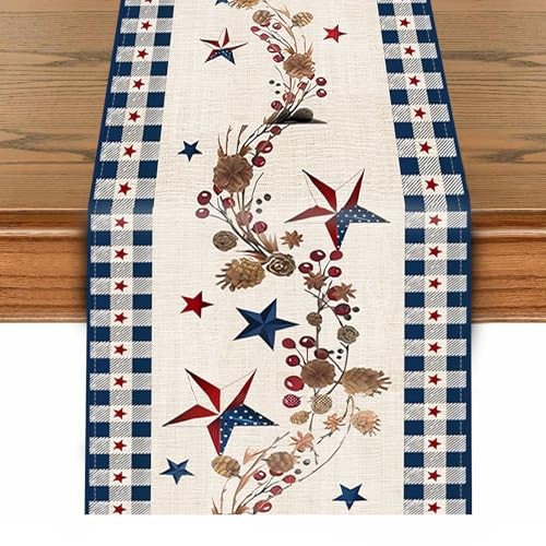 4th of July Table Runner – Red White and Blue Stars with Rustic 13x72-inch 1.0