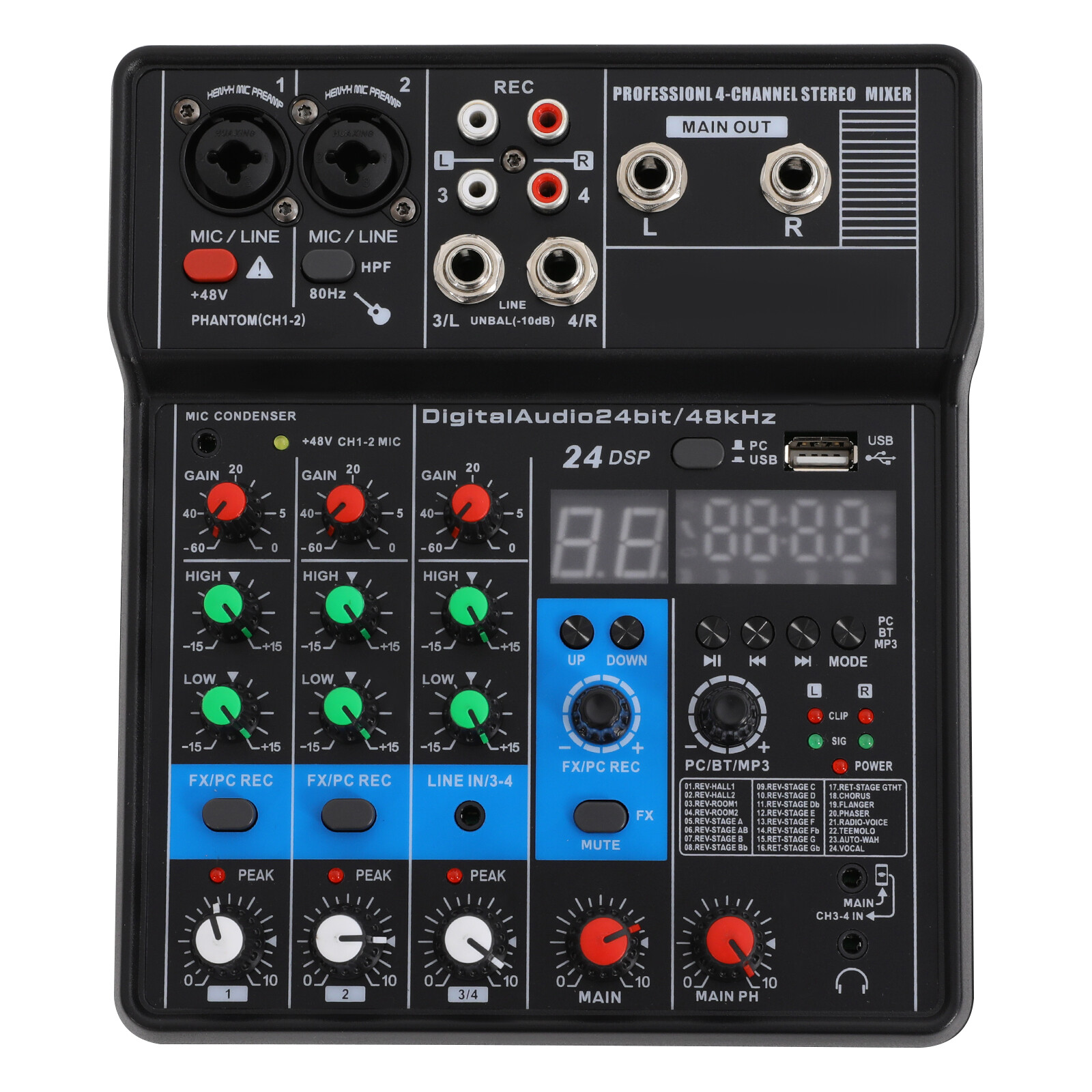 Mini Audio Mixer Bluetooth USB DJ Console 4 Channel Karaoke Live Studio 24 DSP