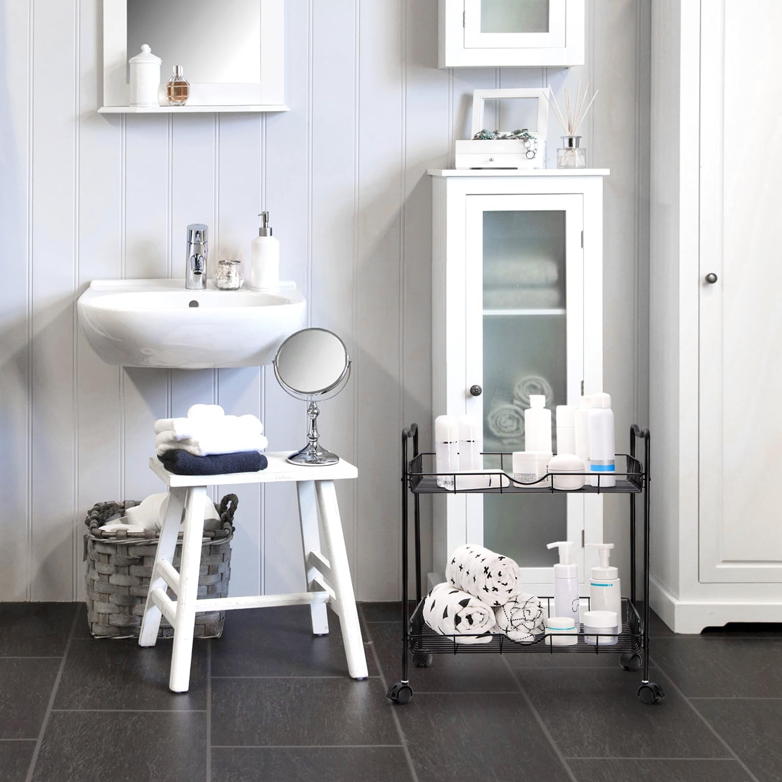 Rolling Utility Cart for Small Space, 2 Tier Rolling Cart with Locking Wheels...
