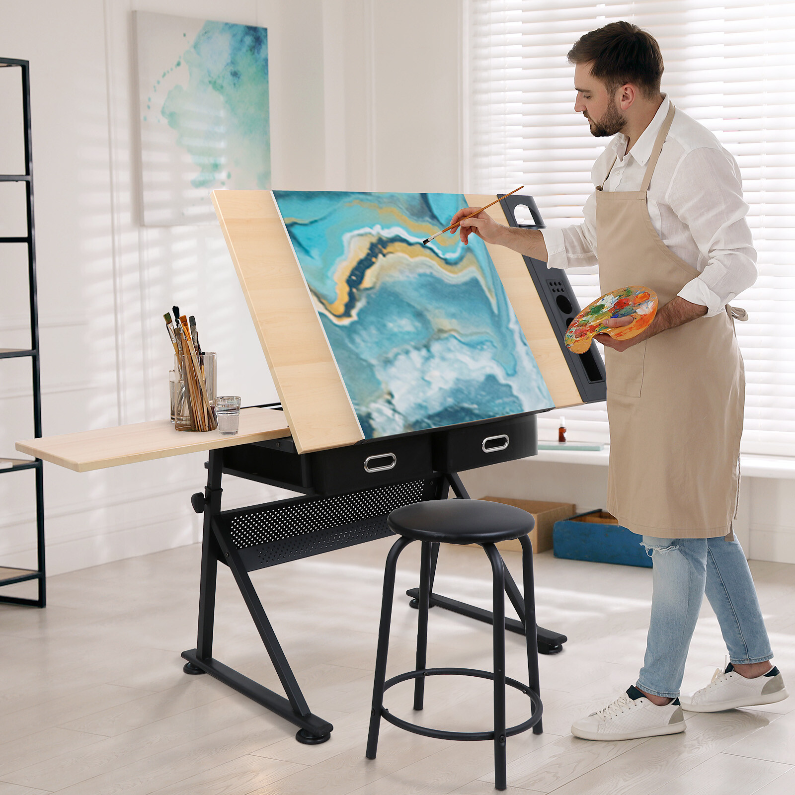 Craft Station Drafting Table W/ Matched Premium Stool Adjustable Height & Angle