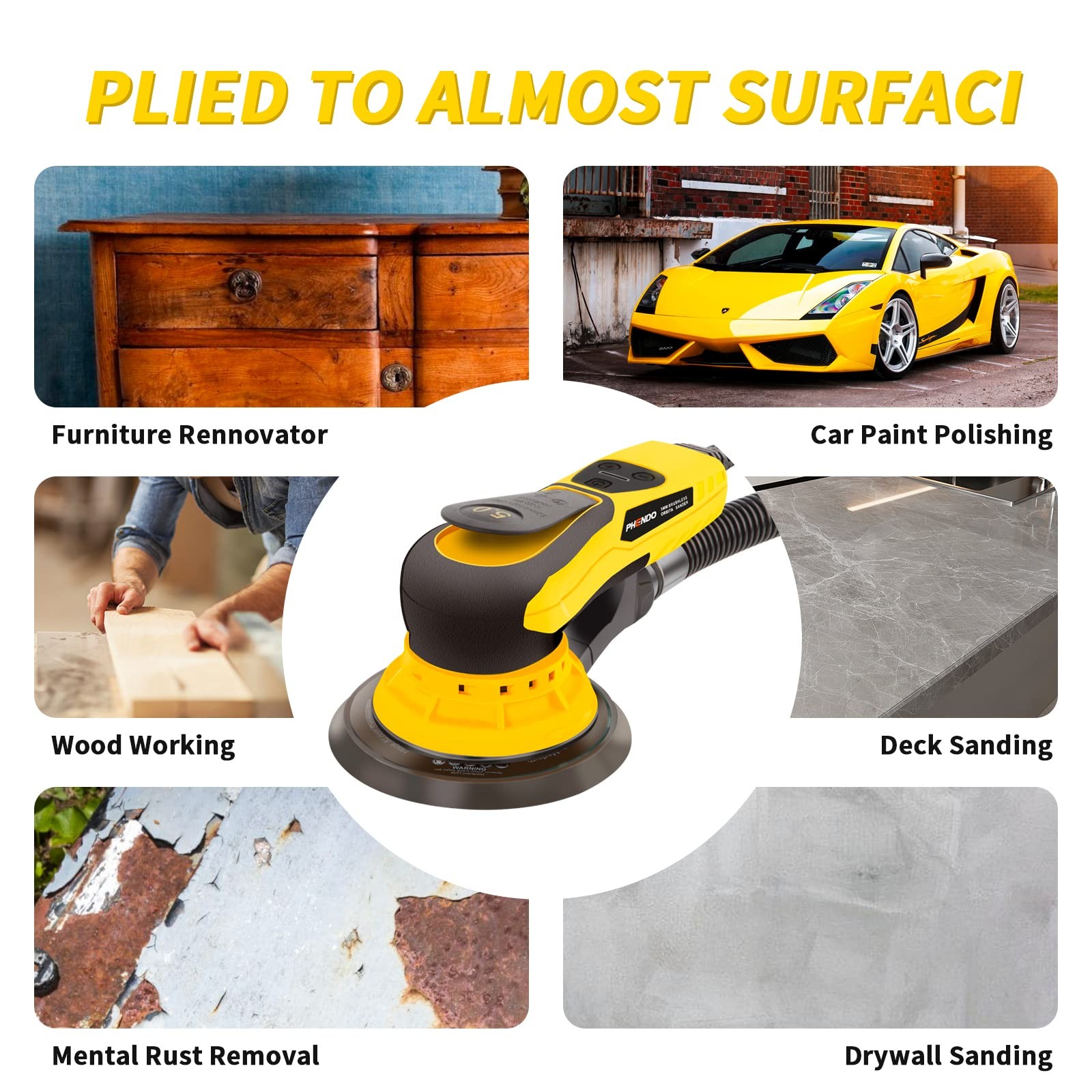 Electric Random Orbital Sander Brushless 350W 3A Multi-function Variable Spee...