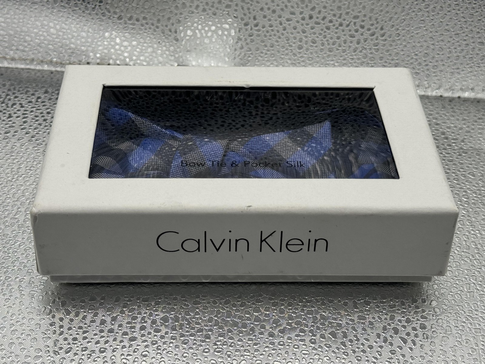 Calvin Klein Bow Tie & Pocket Square Set Mens One Size Pre-Tied Blue Black Check