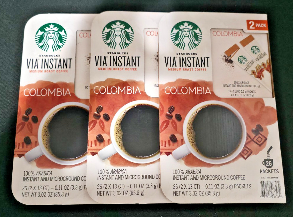 3 boxes Starbucks VIA Instant Colombia Coffee 26 per box, total of 78 Packets