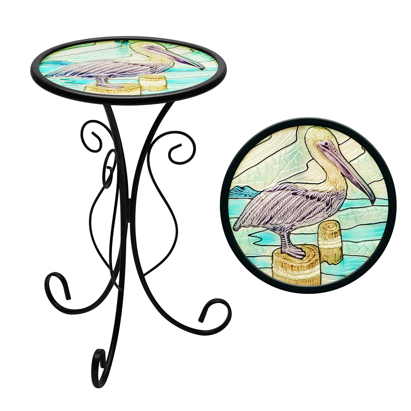 G128 12 in Round Glass Outdoor Side Table Pelican Pattern Plant Stand