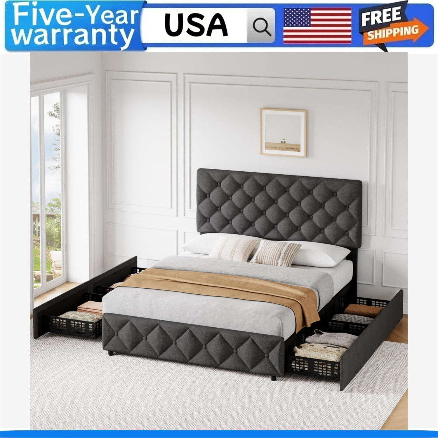 FULL Size Bed Frame with 4 Storage Drawers and Headboard Upholstered Platform