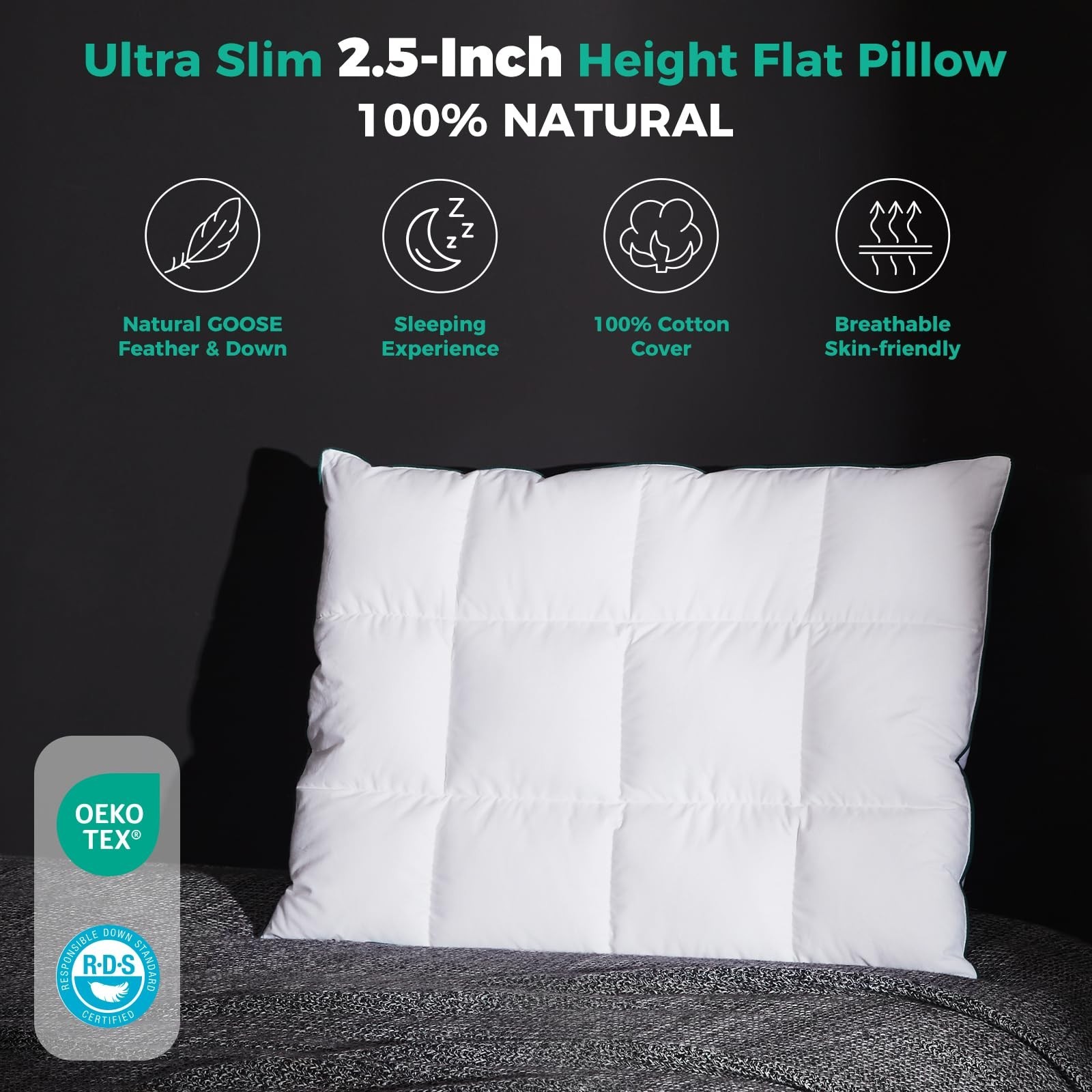 Three Geese Ultra Thin Flat Goose Down Feather Pillows Sleeping Standard Size
