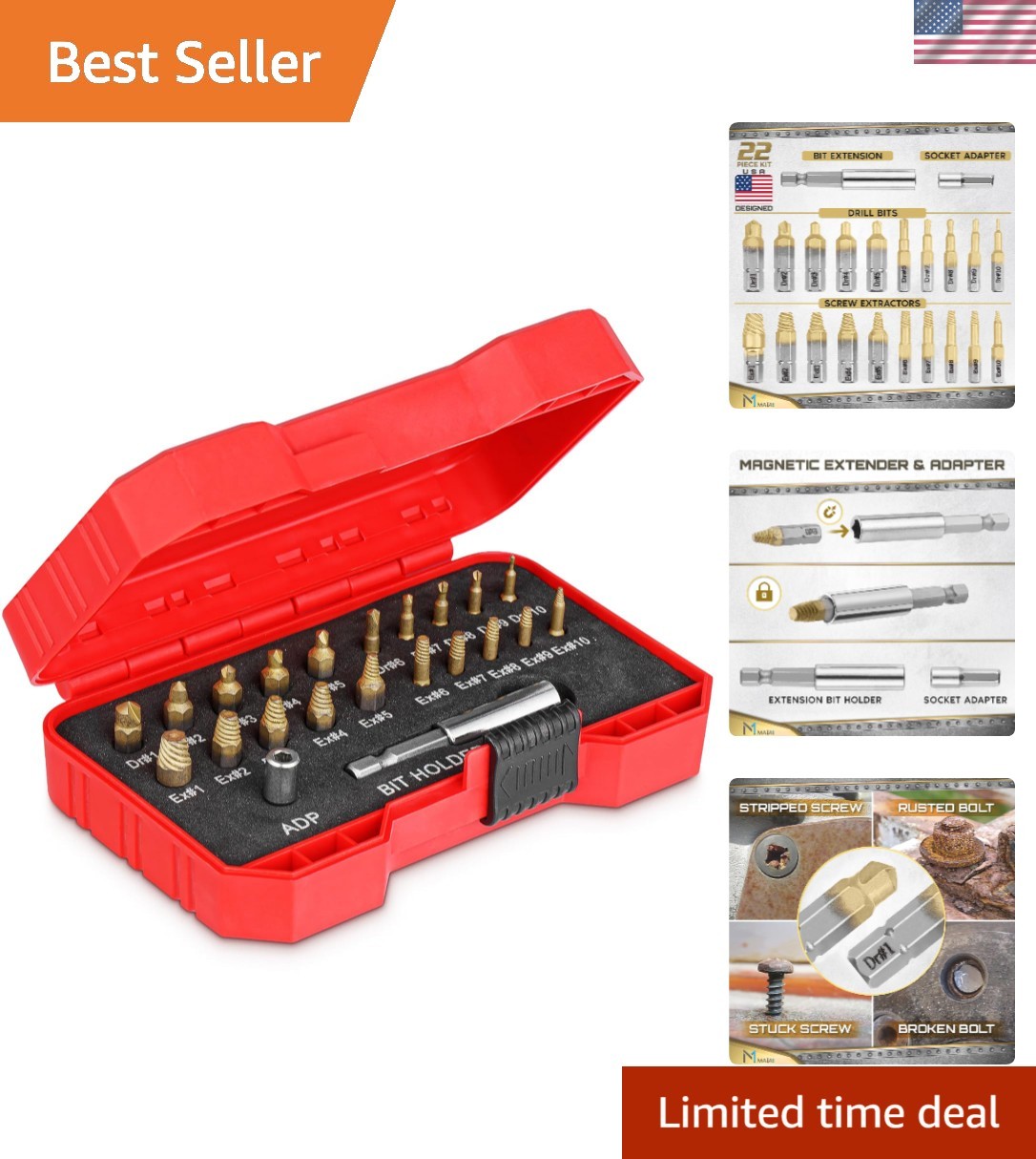 Titanium Screw Extractor Set for Stripped, Broken, Damaged Screws - 22 pc, Si...