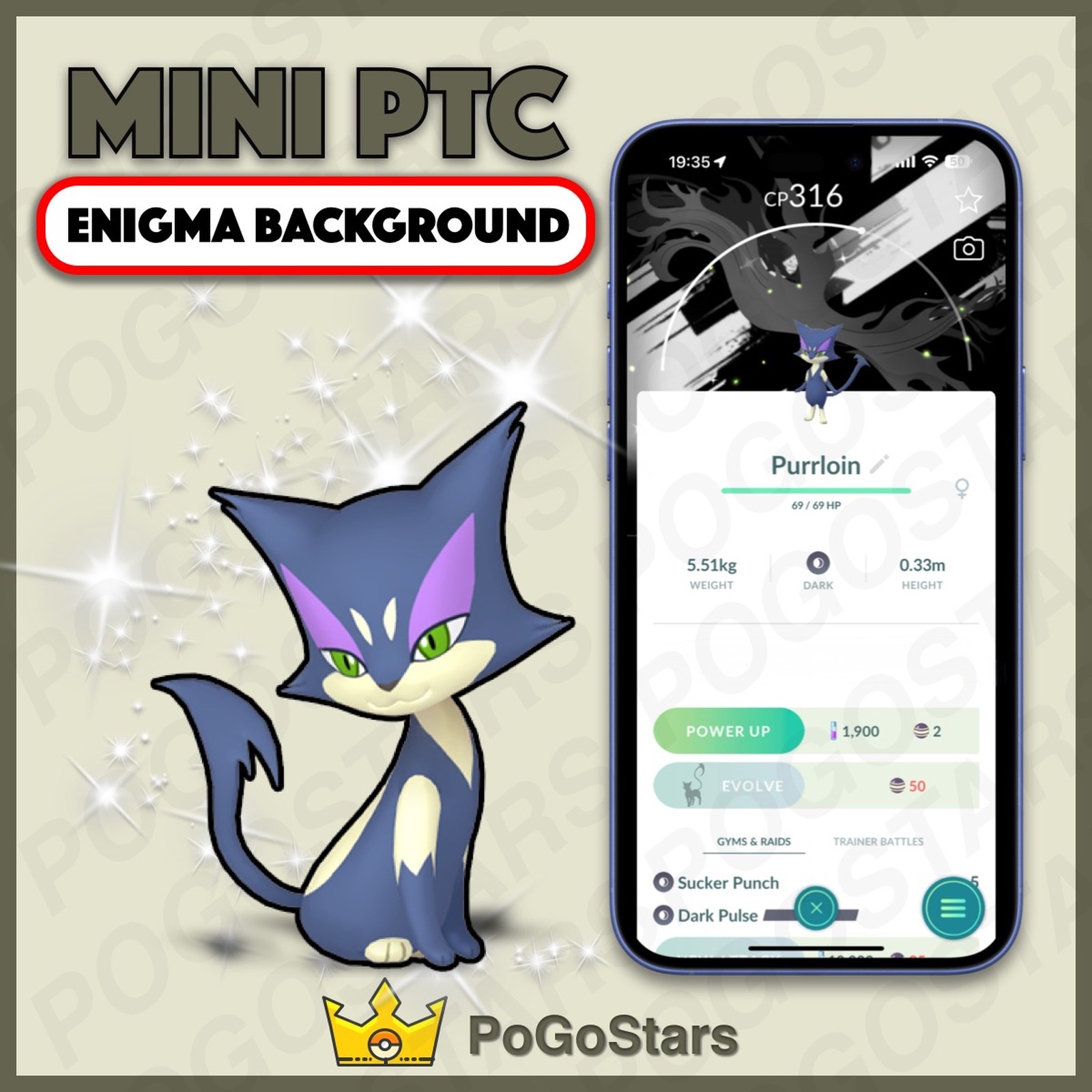 Pokémon PTC GO - Shiny Purrloin - 80K✨Unova Enigma Special Background✨