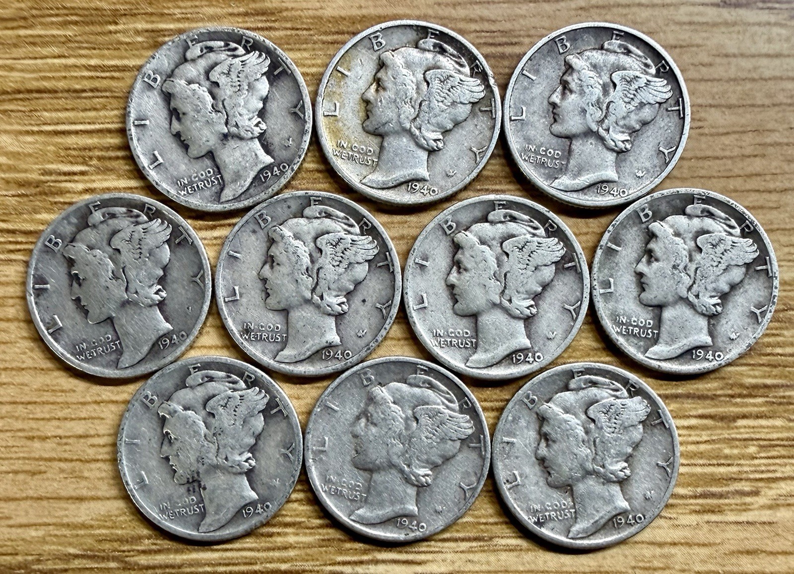 Lot of 10 Ten Mercury Dimes 90% SILVER Very Fine to Fine Circulated Condition