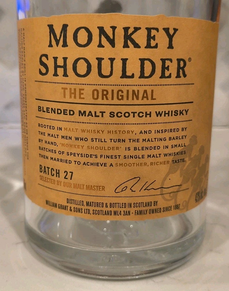 Monkey Shoulder Blended Malt Scotch Whiskey Bottle Empty 750 ML w/ Cork