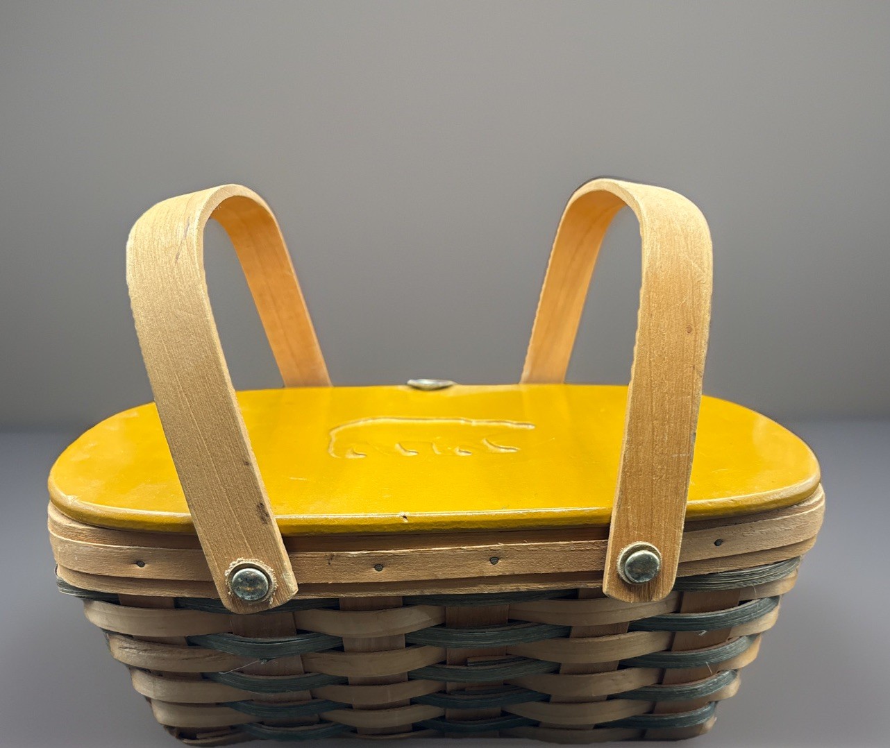 Multicolor Woven Rattan Picnic Basket W/Carved Orange Lid & Wood Swivel Handles