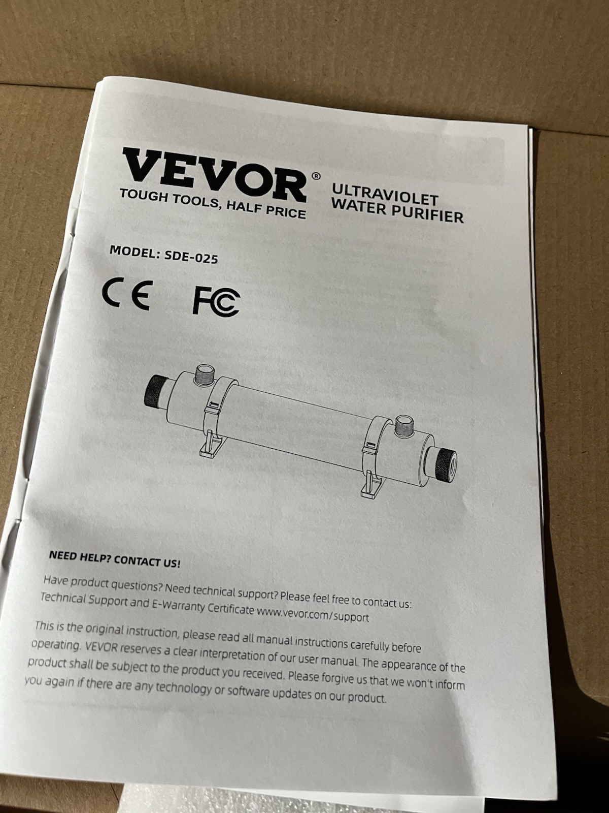 UV Water Purifier VEVOR SDE-025 Whole House Sterilizer 6 GPM 25W 120V 60Hz