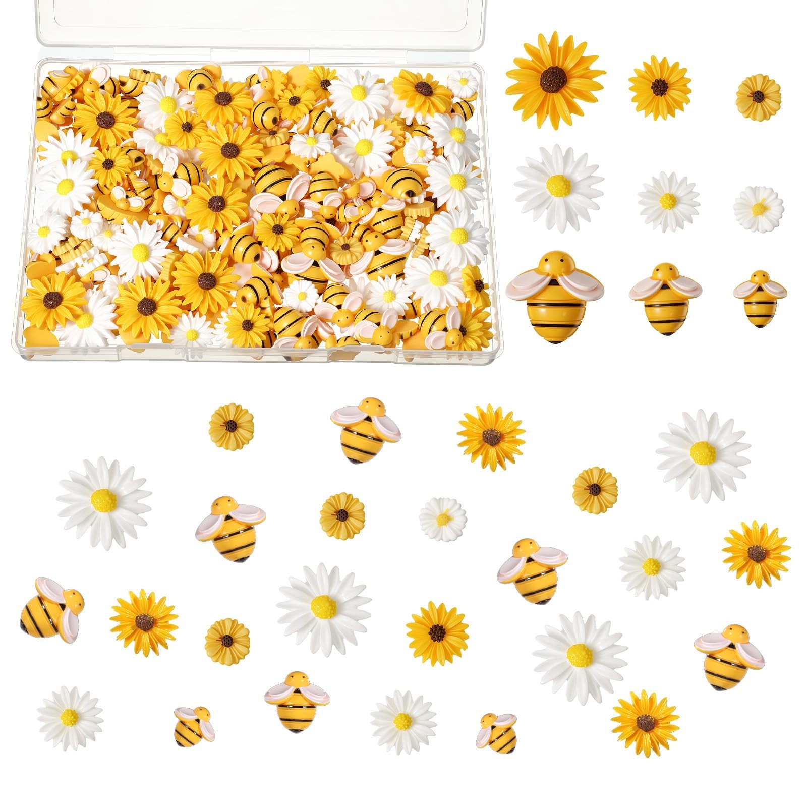 200Pcs Mini Bees for Crafts Resin Bee Daisy Flowers Decor, 3 Sizes Sunflower ...