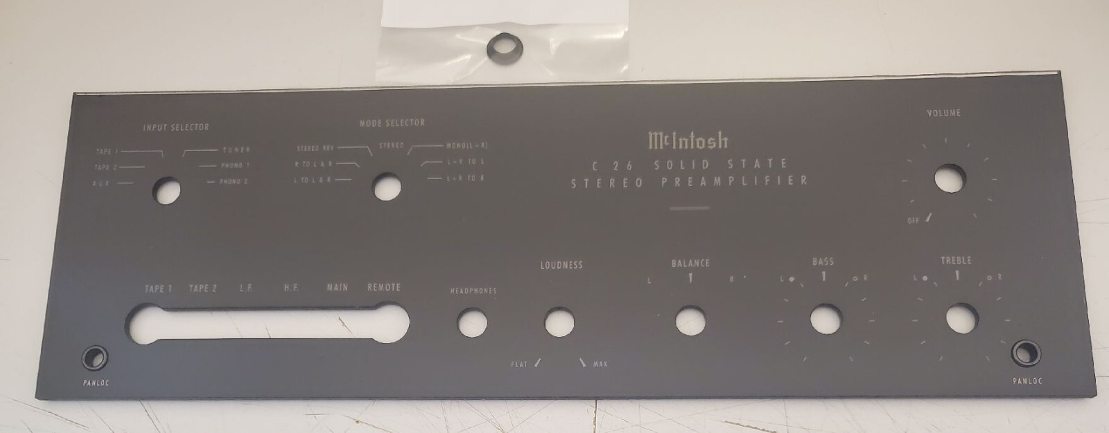 Original McIntosh C26 glass faceplate for stereo preamplifier.