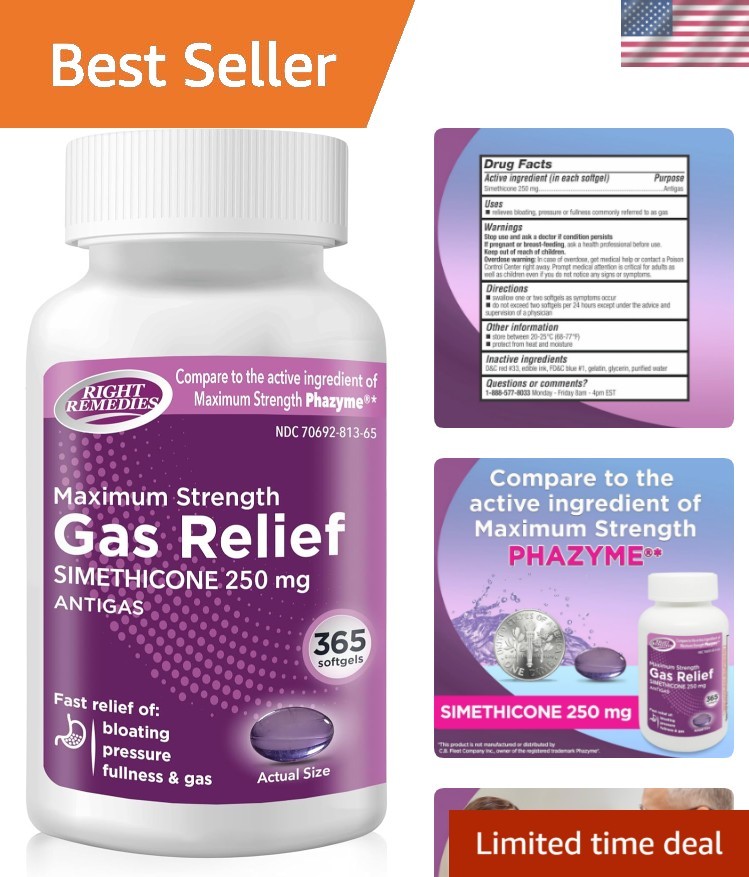 Gas Relief Maximum Strength, Simethicone 250 mg, 365 Softgels, Fast Relief fr...