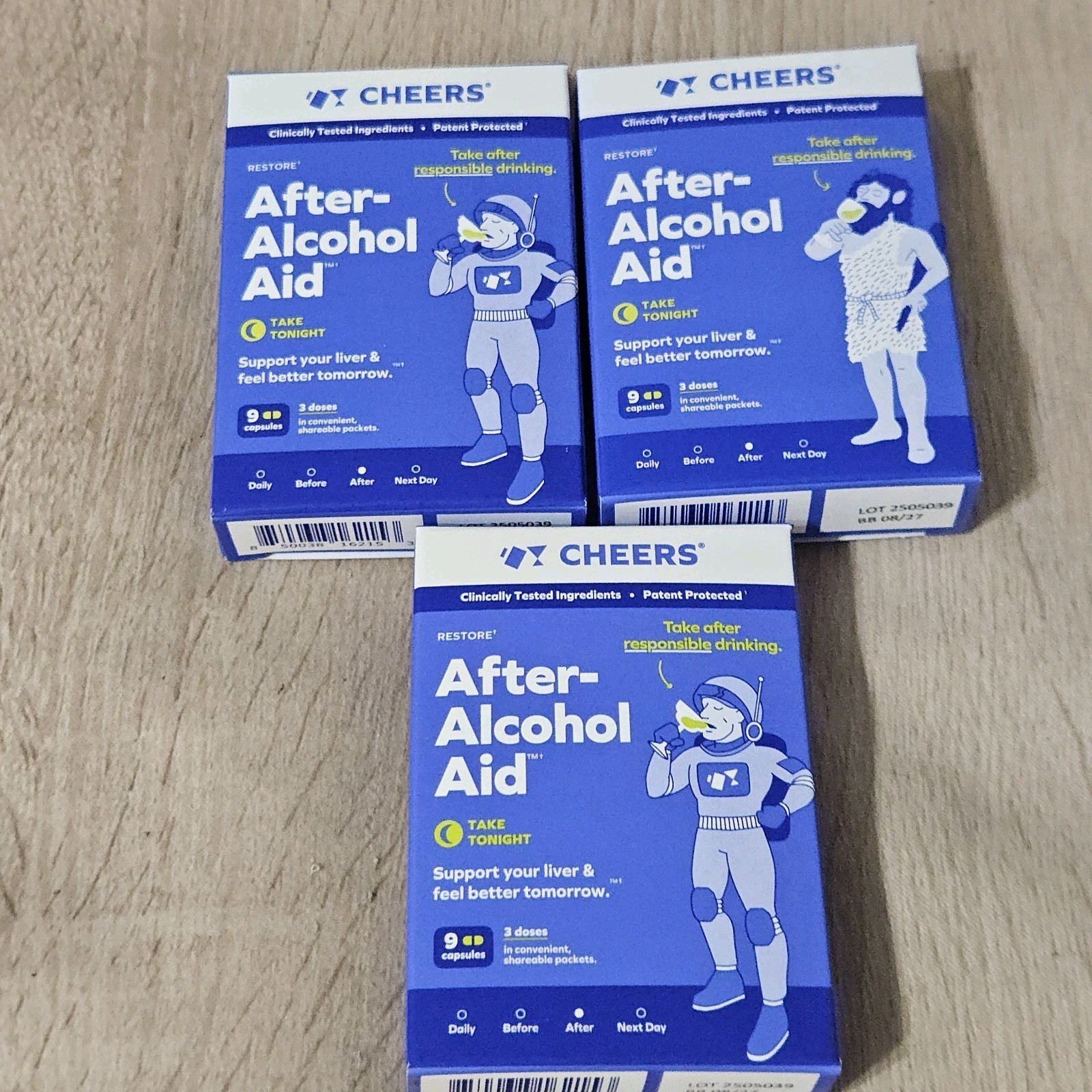 3 - Cheer After Alcohol Aid Capsules. Each Box Contains 9 Capsules Expires 8/27