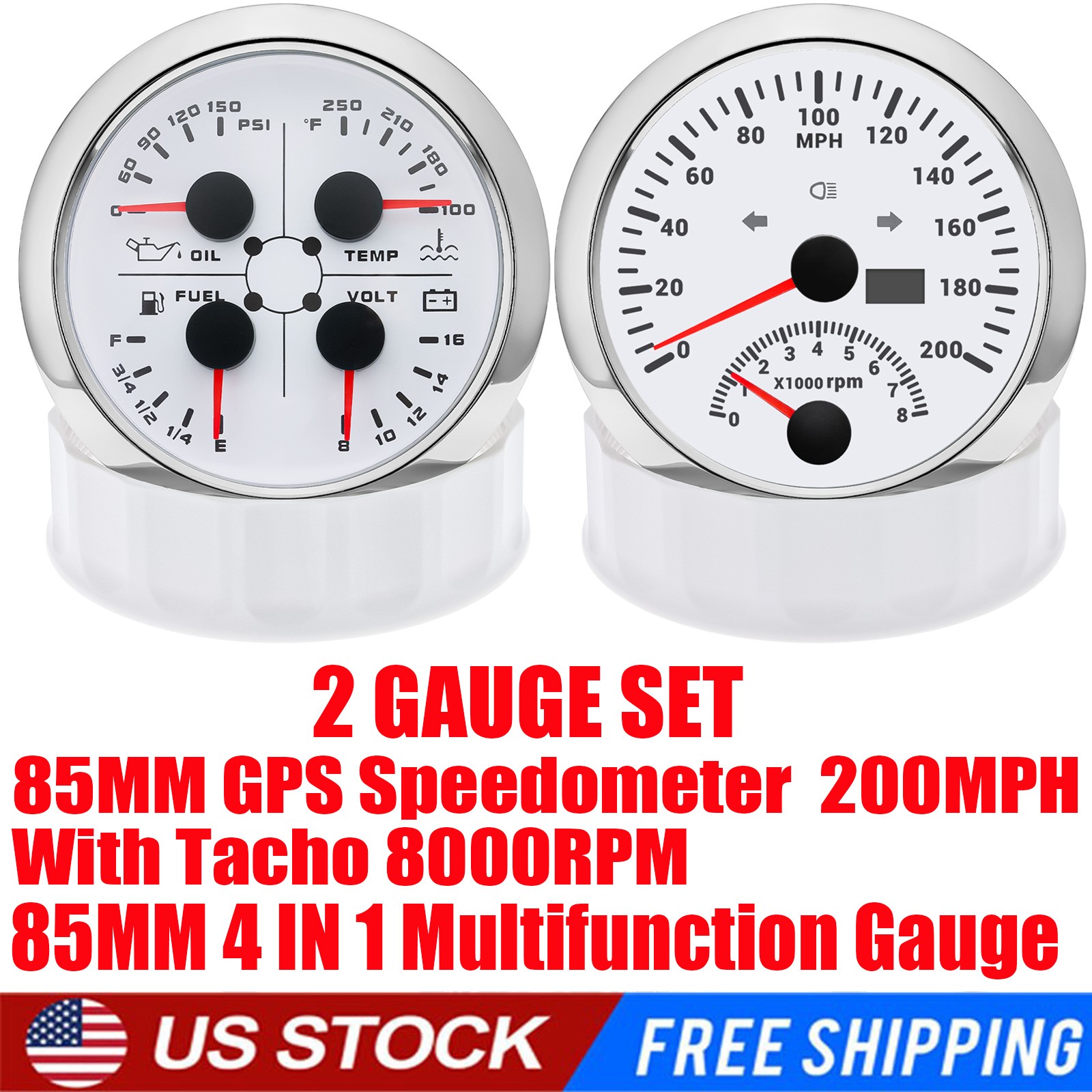 2 Gauge Set 85mm GPS Speedometer 200MPH w/tacho&85mm 4 IN 1 Multifunction Gauge