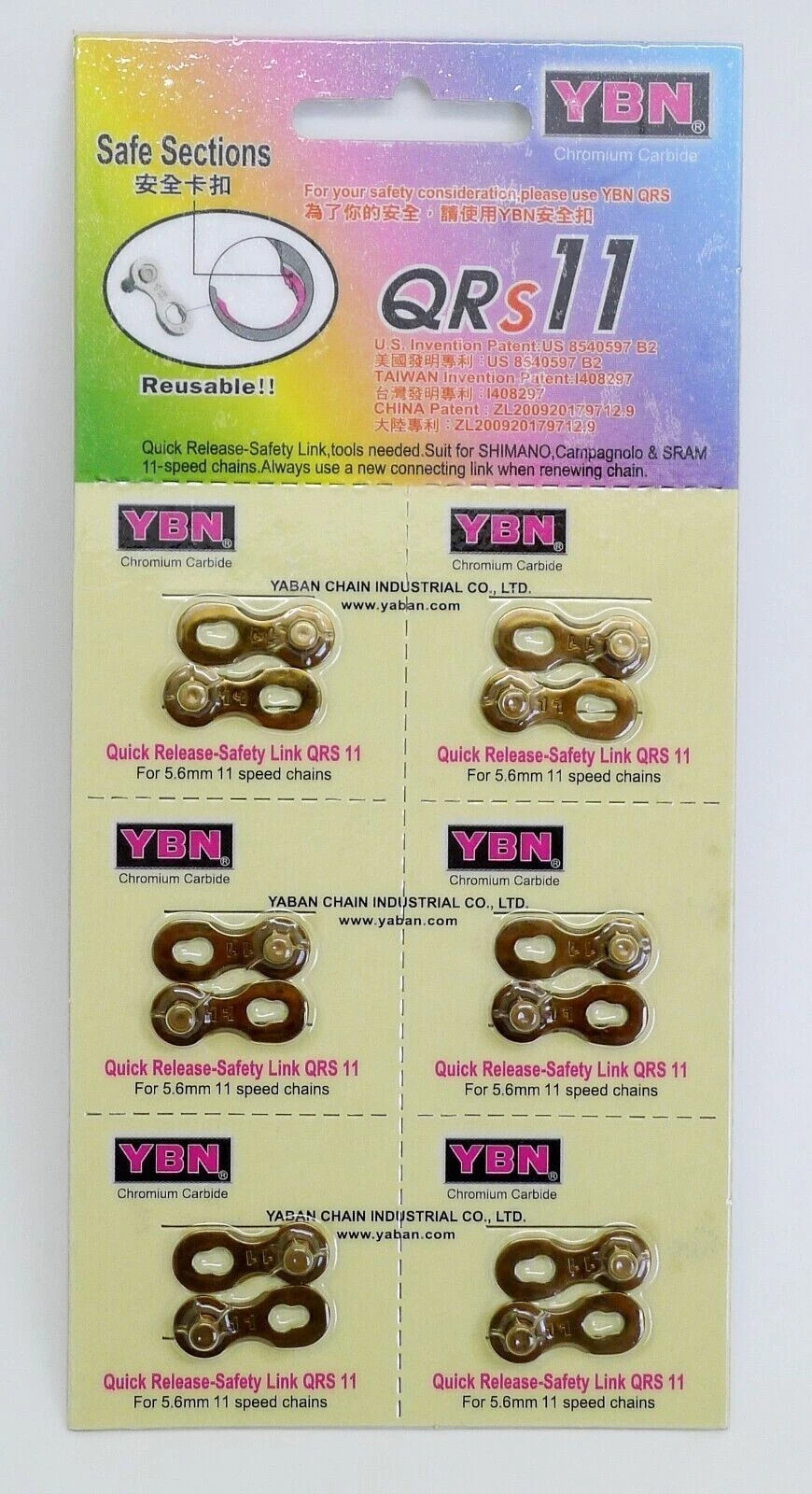6x YBN QRS 11 Speed Quick Release-Safety Link Chain Link -- Gold Color (6 units)