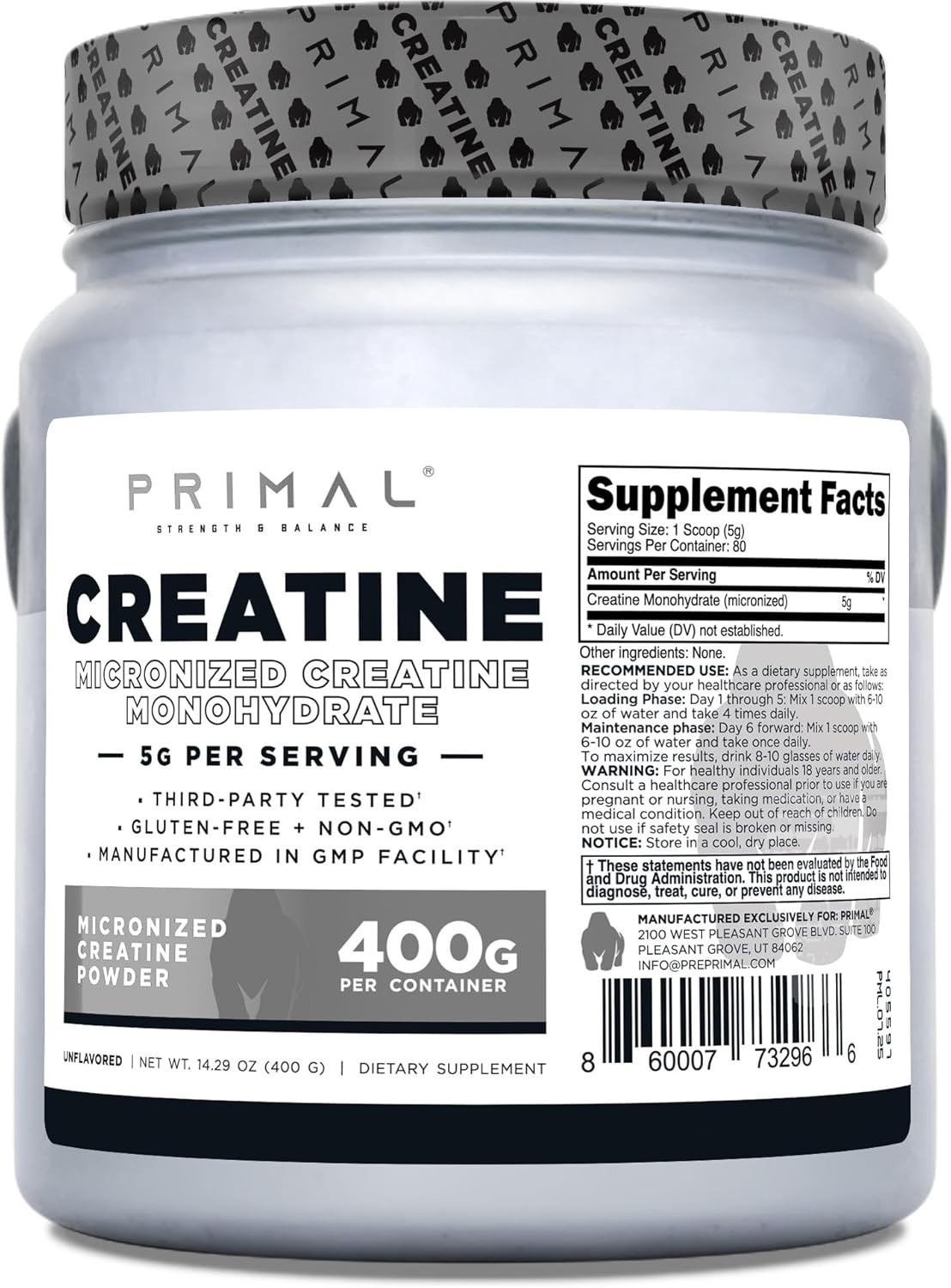 Primal Creatine Monohydrate Powder (400 Grams) | Unflavored Micronized Creatine